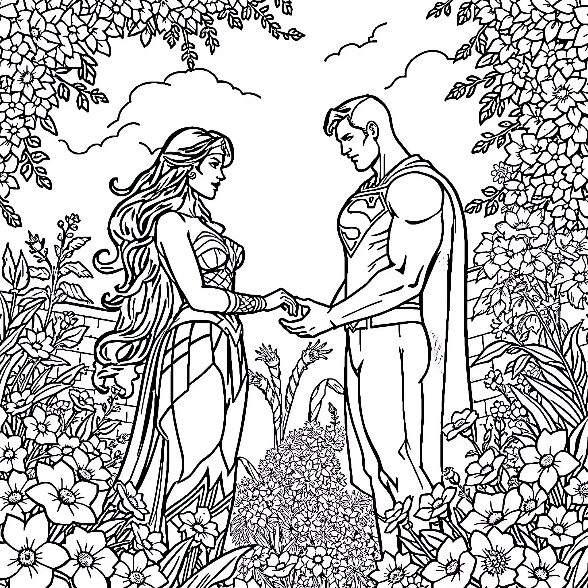 Wonder Woman and Superman in a Romantic Garden Scene Coloring Page (free black-and-white line drawing printable PDF for all, from beginners to advanced learners, including children, teens, adults, and seniors)