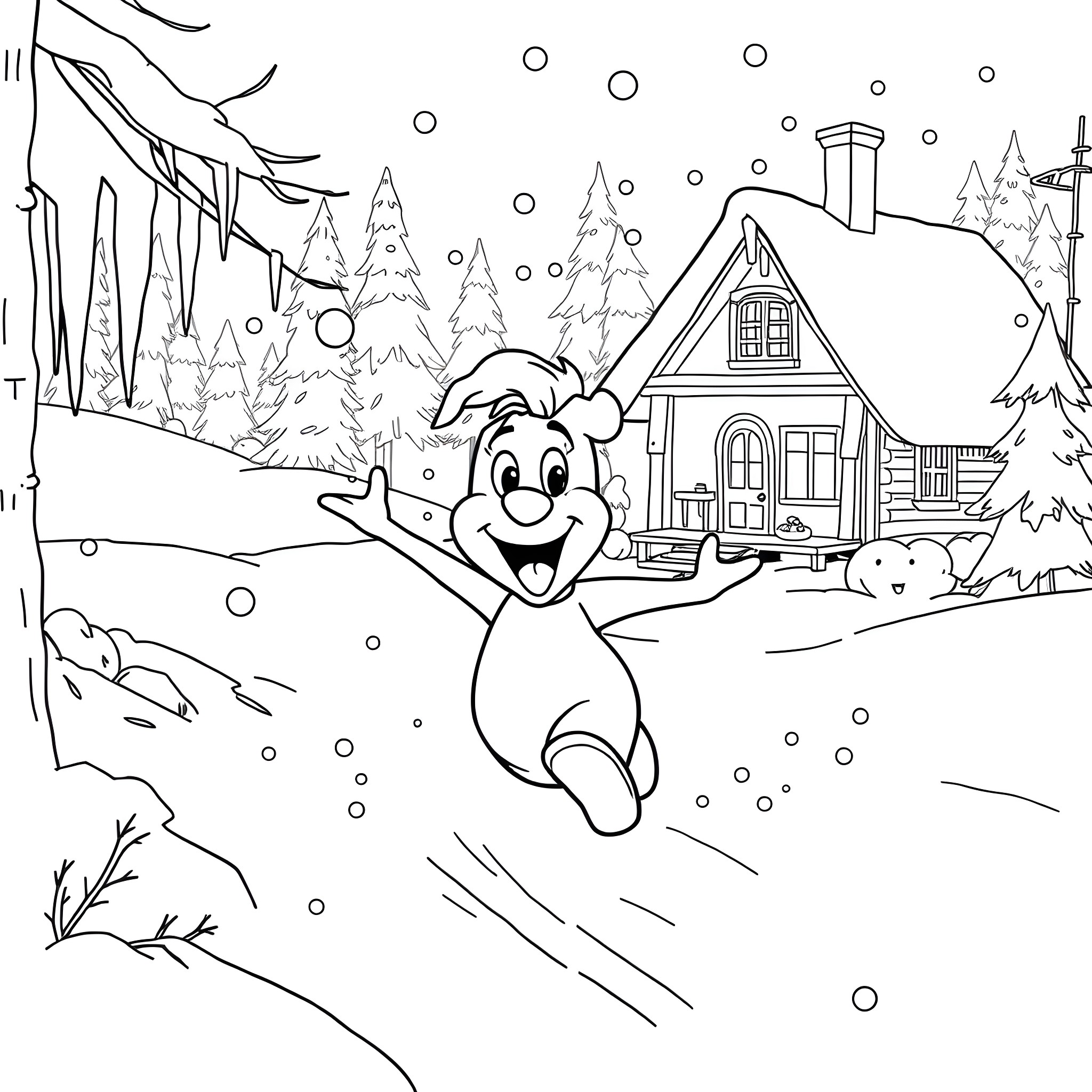 Lilo playing in the snowy winter wonderland Coloring Page (free black-and-white line drawing printable PDF for all, from beginners to advanced learners, including children, teens, adults, and seniors)