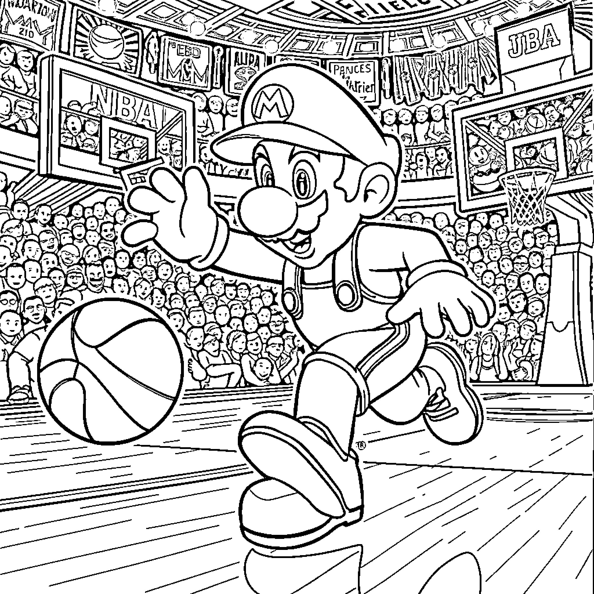 Mario Playing Basketball in the Arena Coloring Page (free black-and-white line drawing printable PDF for all, from beginners to advanced learners, including children, teens, adults, and seniors)