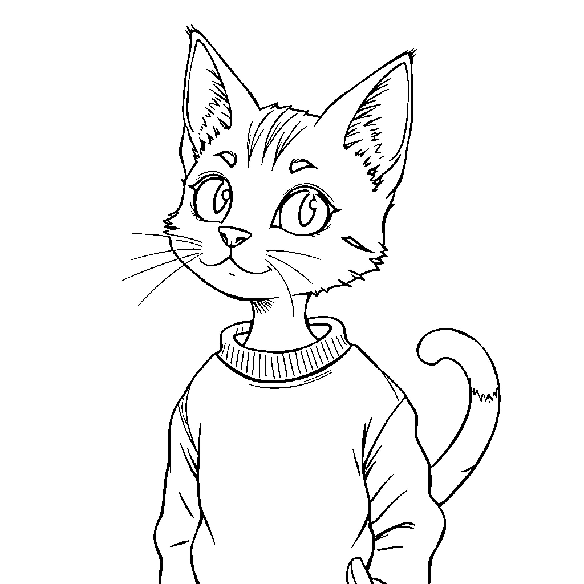 Cat Boy in Playful Outfit Coloring Page (free black-and-white line drawing printable PDF for all, from beginners to advanced learners, including children, teens, adults, and seniors)