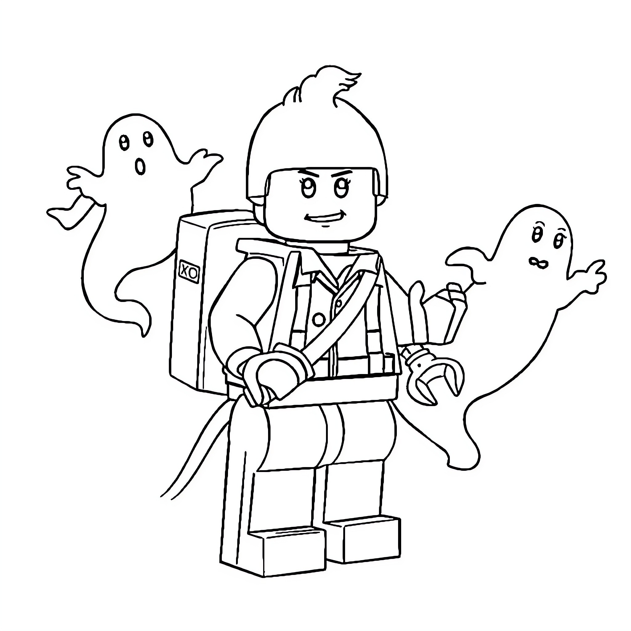 Lego Ghostbuster capturing ghosts in action Coloring Page (free black-and-white line drawing printable PDF for all, from beginners to advanced learners, including children, teens, adults, and seniors)