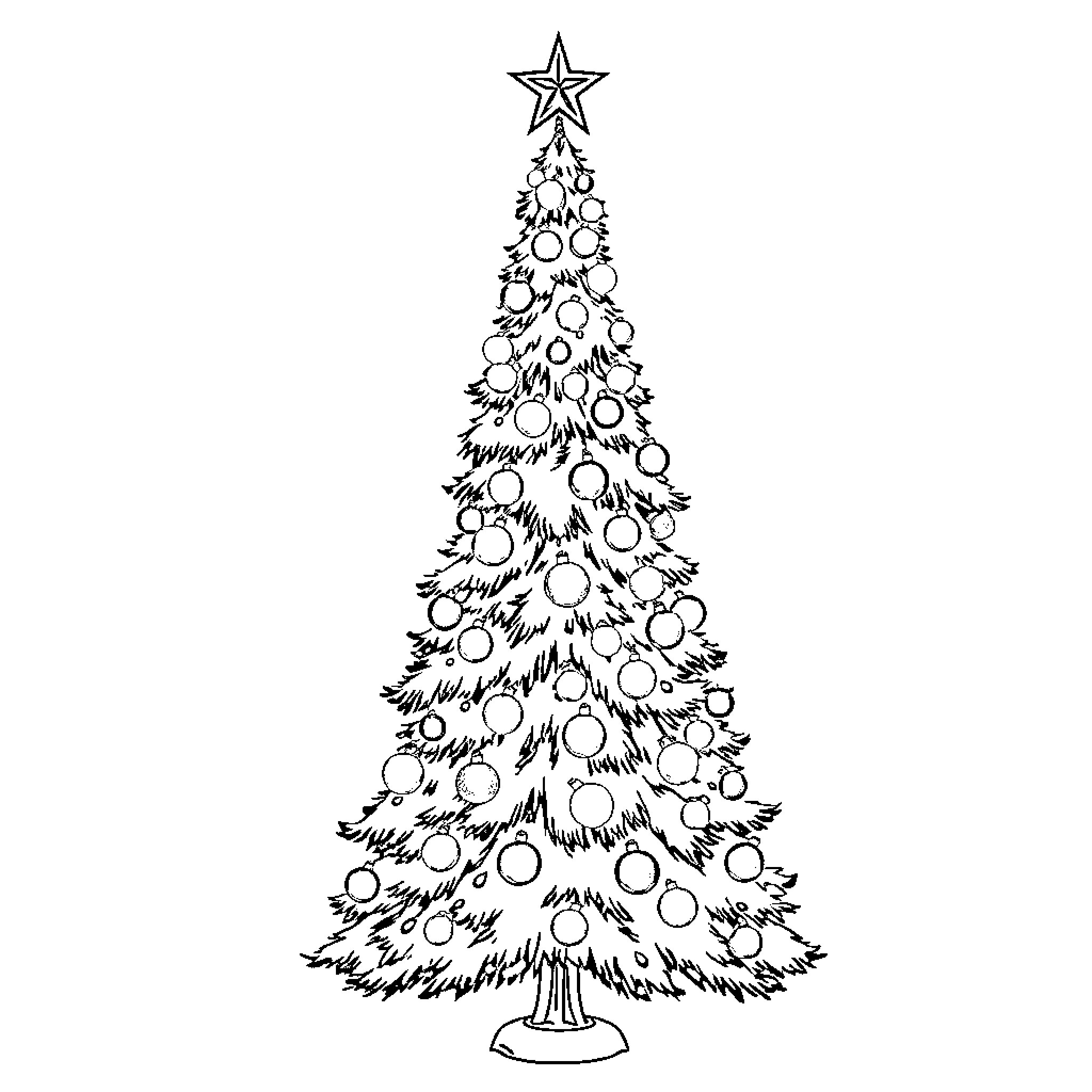 Christmas Tree with Ornament Decorations Coloring Page (free black-and-white line drawing printable PDF for all, from beginners to advanced learners, including children, teens, adults, and seniors)