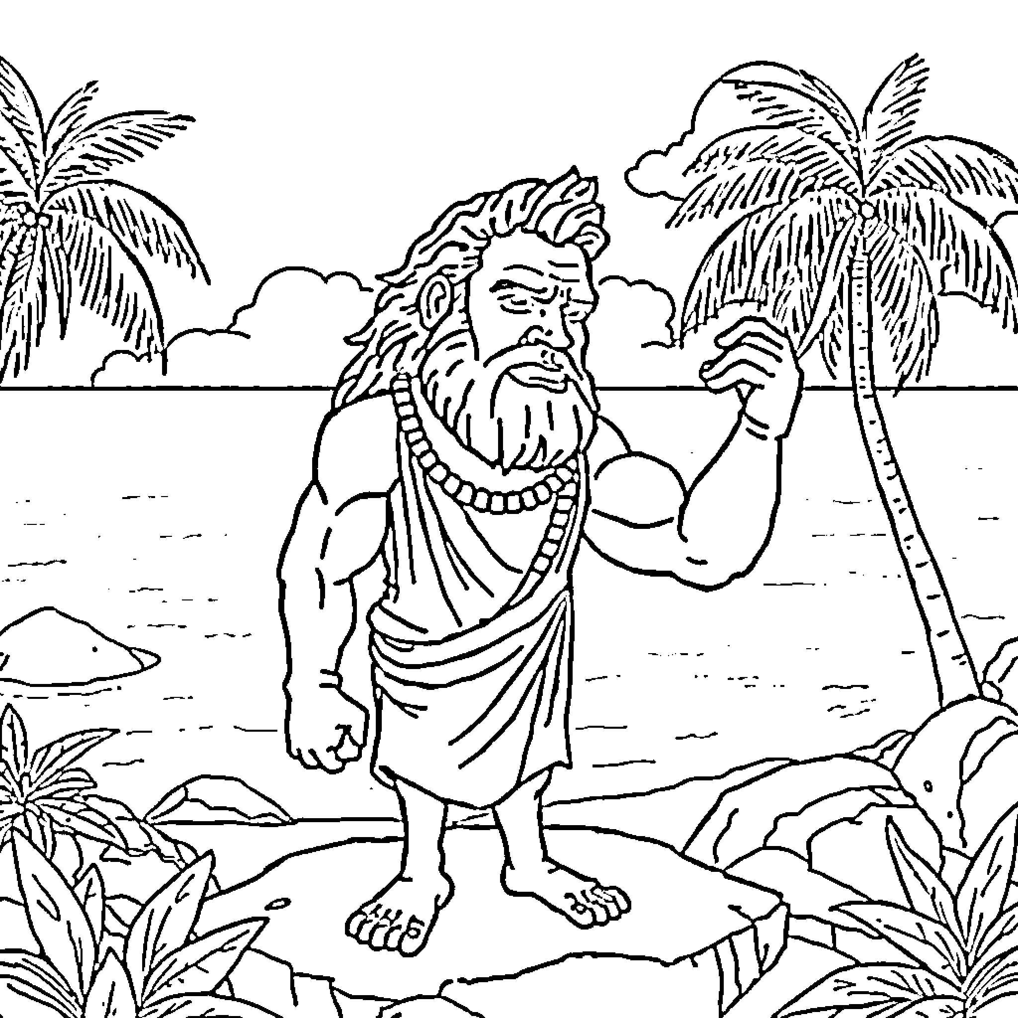 Aesop's Bearded Castaway on a Tropical Island Coloring Page (free black-and-white line drawing printable PDF for all, from beginners to advanced learners, including children, teens, adults, and seniors)