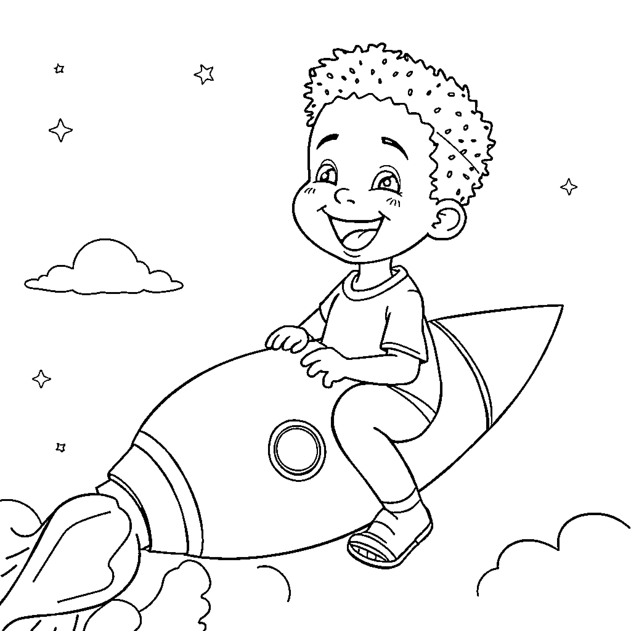 Boy riding on a rocket in the sky Coloring Page (free black-and-white line drawing printable PDF for all, from beginners to advanced learners, including children, teens, adults, and seniors)