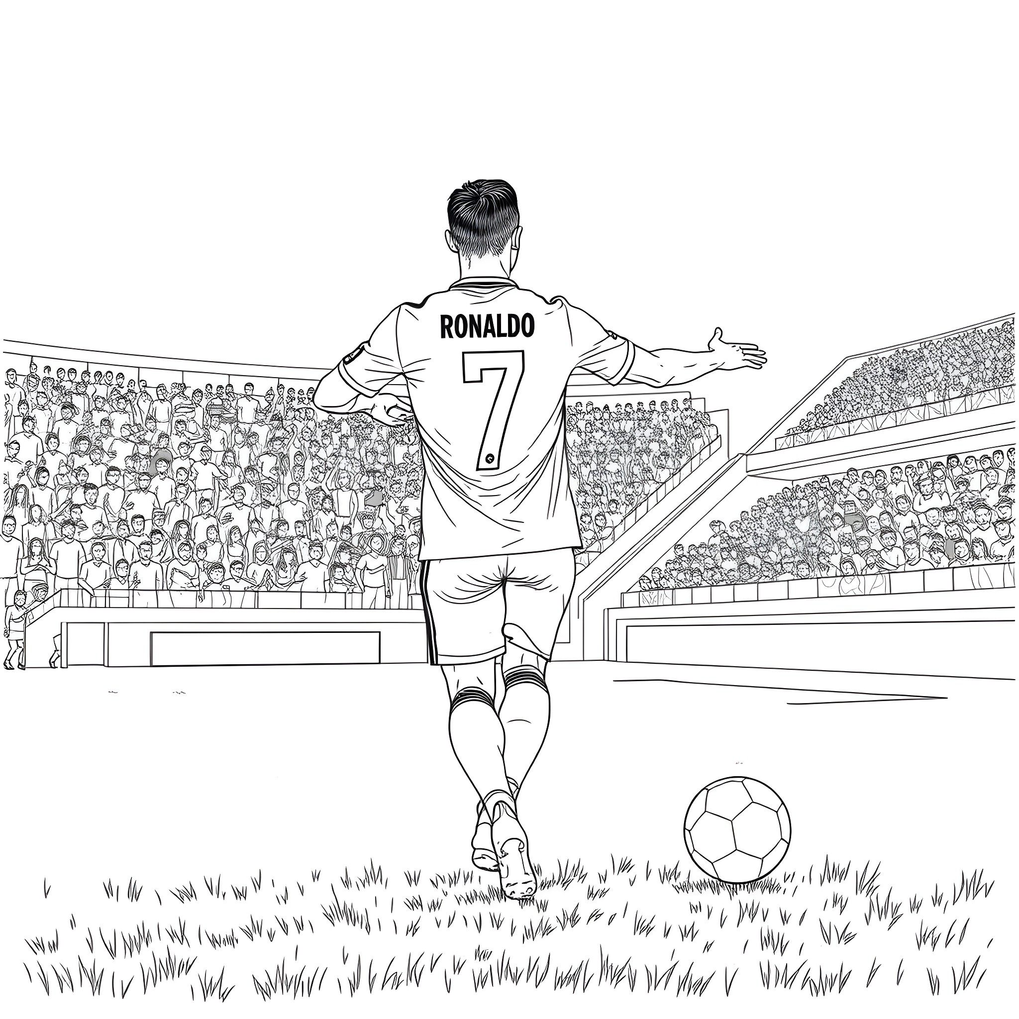 Cristiano Ronaldo celebrating on the soccer field Coloring Page (free black-and-white line drawing printable PDF for all, from beginners to advanced learners, including children, teens, adults, and seniors)