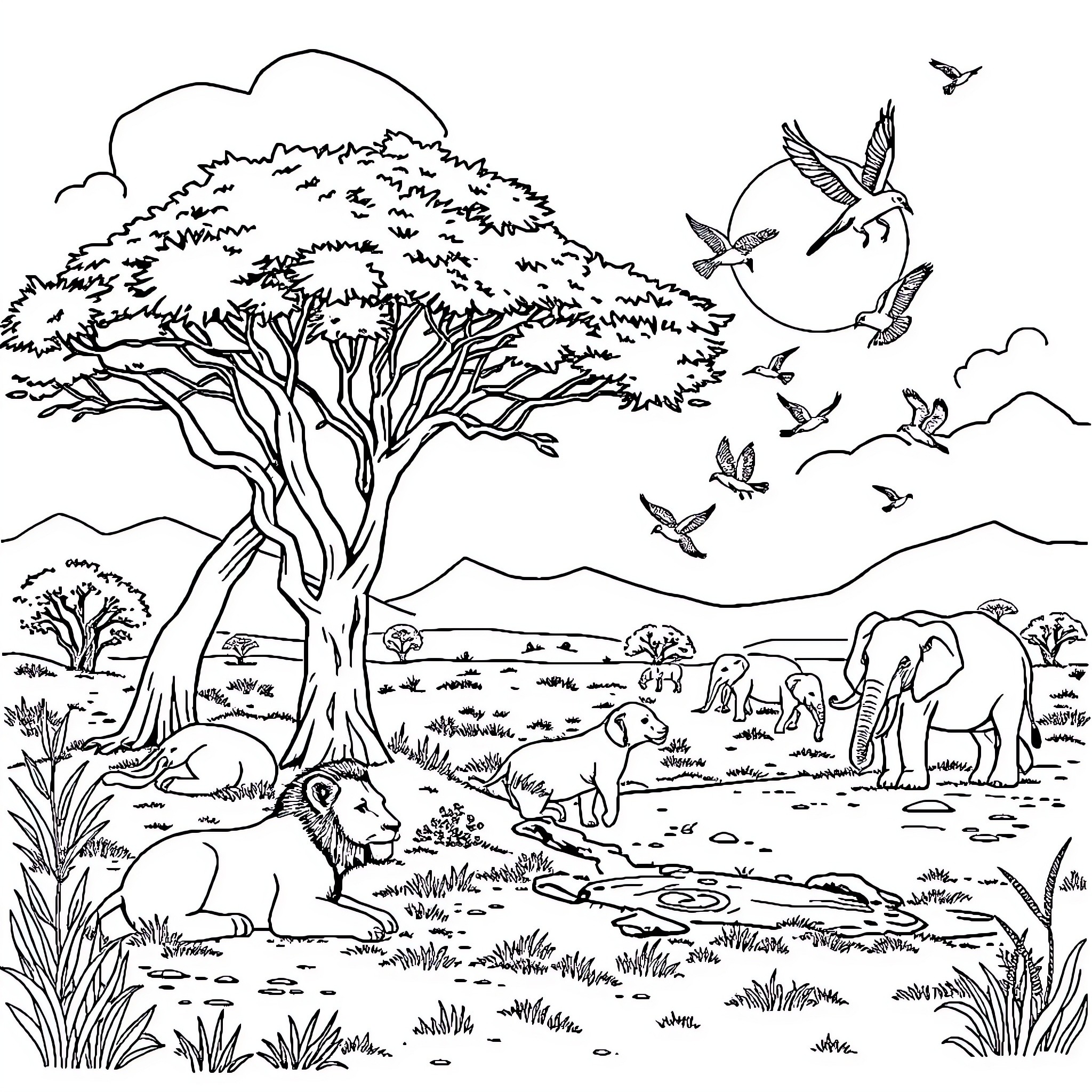 Animal Safari in the Serene Wilderness Coloring Page (free black-and-white line drawing printable PDF for all, from beginners to advanced learners, including children, teens, adults, and seniors)