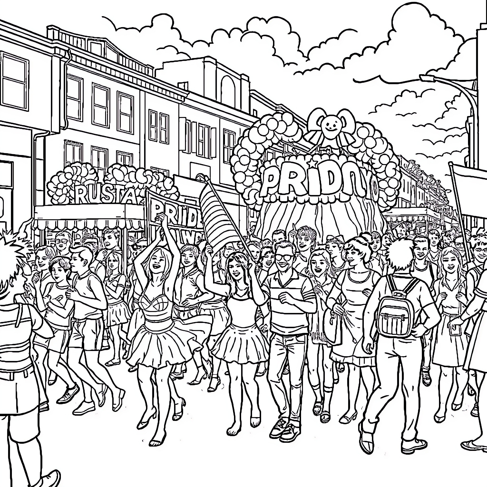 Pride Celebration with Vibrant Expressions and Festive Outfits Coloring Page (free black-and-white line drawing printable PDF for all, from beginners to advanced learners, including children, teens, adults, and seniors)
