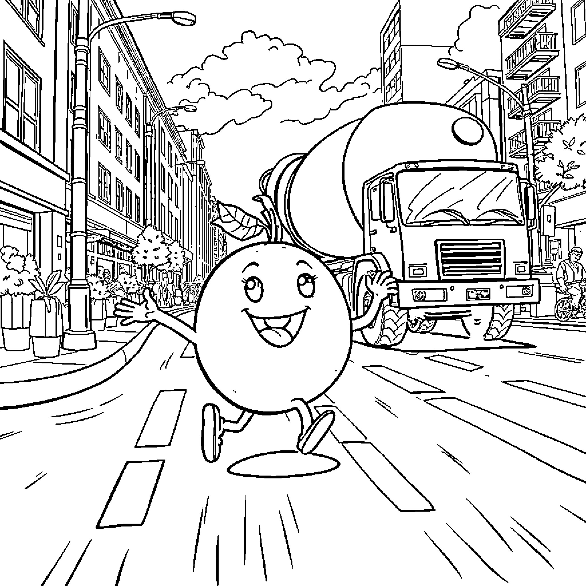 Orange Egg-Shaped Character Running in City Street Coloring Page (free black-and-white line drawing printable PDF for all, from beginners to advanced learners, including children, teens, adults, and seniors)