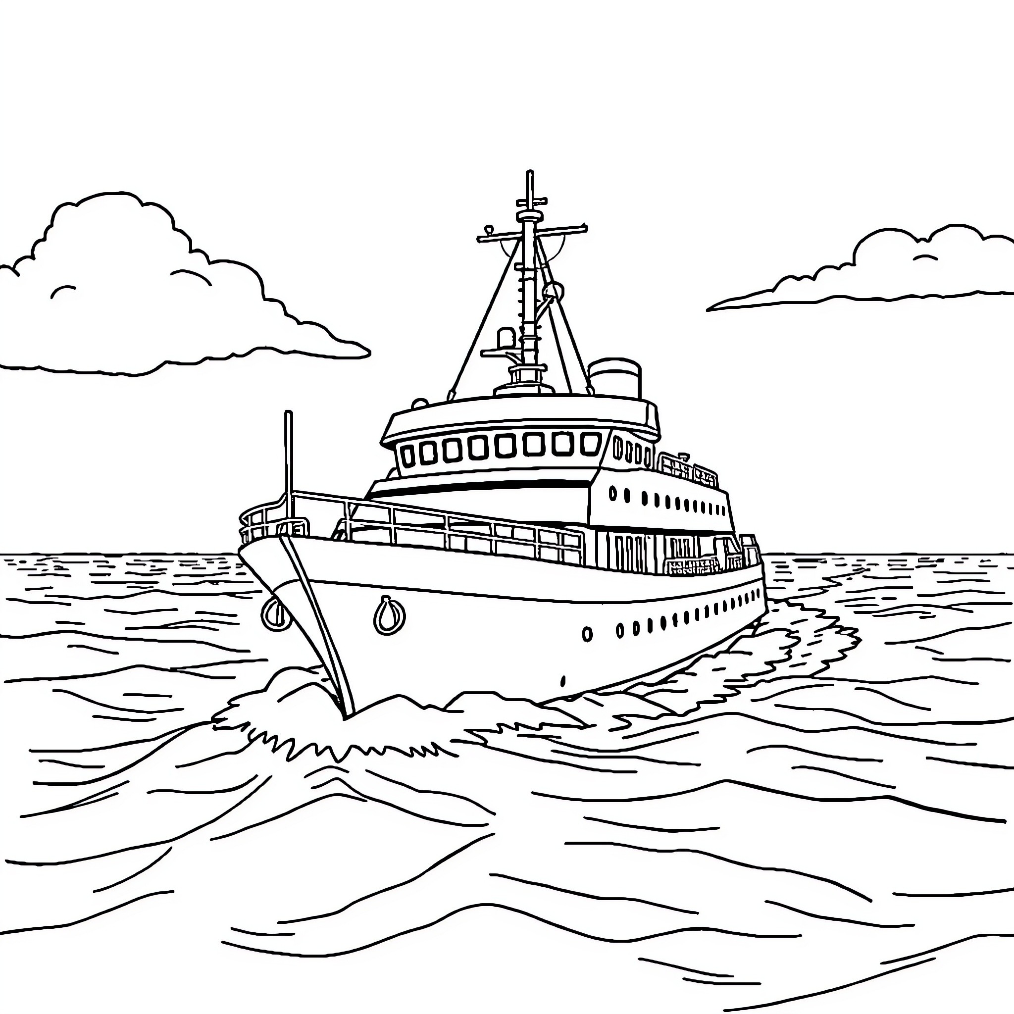 Ship sailing across the waves in the open sea Coloring Page (free black-and-white line drawing printable PDF for all, from beginners to advanced learners, including children, teens, adults, and seniors)