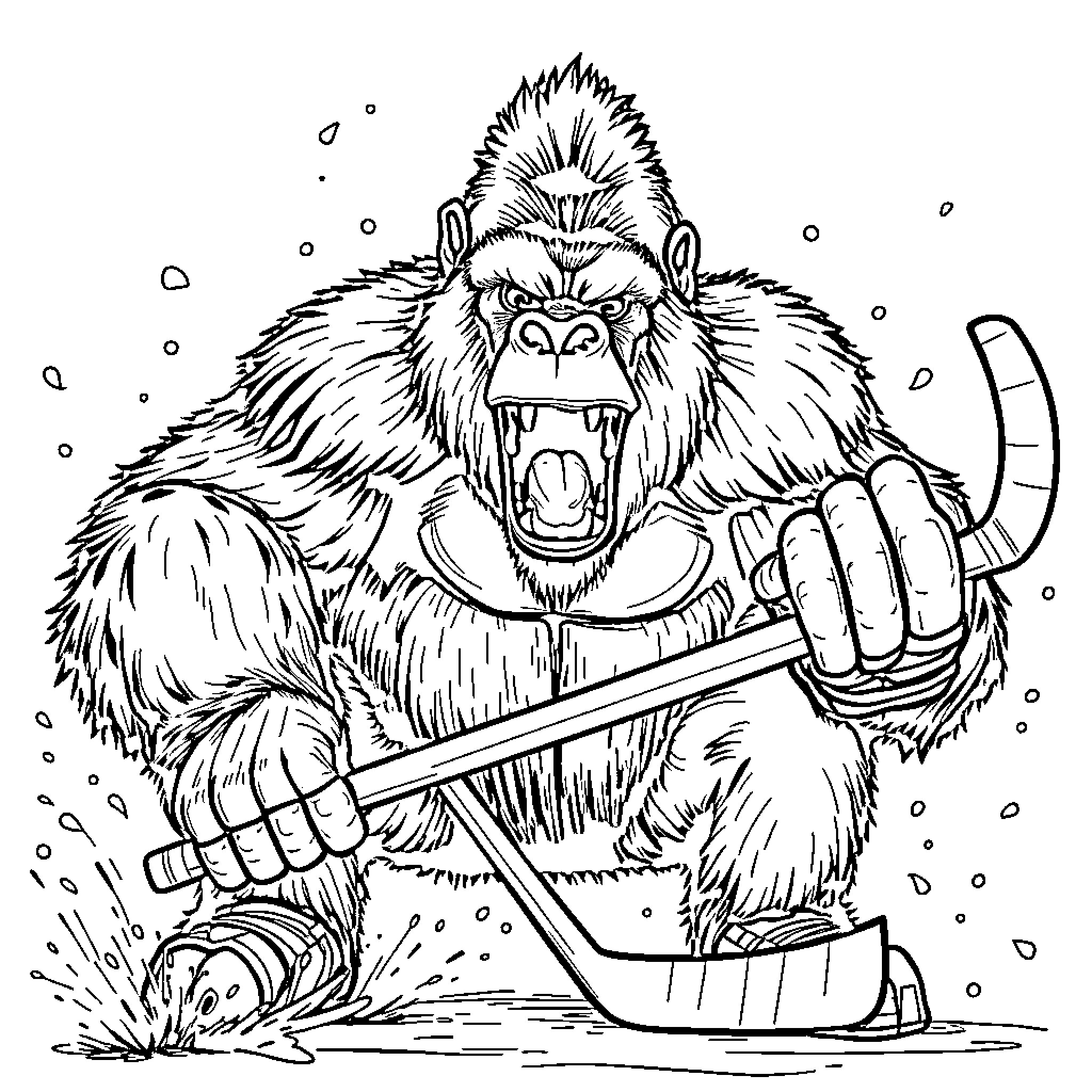 Silverback Gorilla Wielding a Hockey Stick Coloring Page (free black-and-white line drawing printable PDF for all, from beginners to advanced learners, including children, teens, adults, and seniors)
