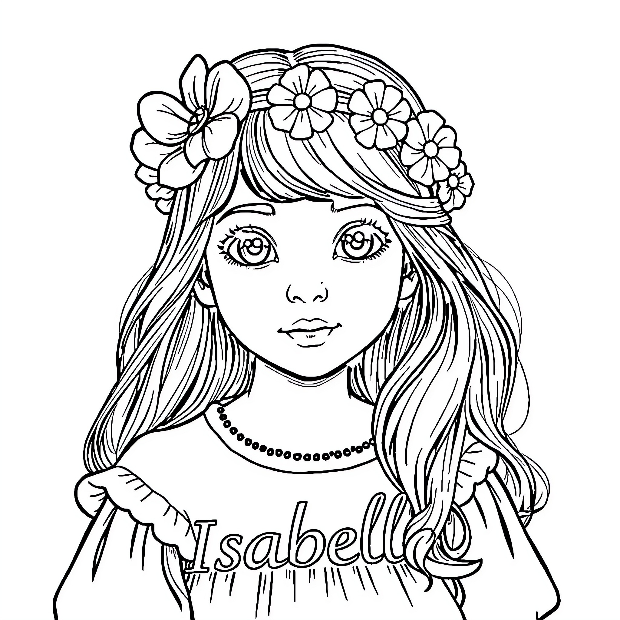 Isabella's Floral Portrait and Dress Coloring Page (free black-and-white line drawing printable PDF for all, from beginners to advanced learners, including children, teens, adults, and seniors)