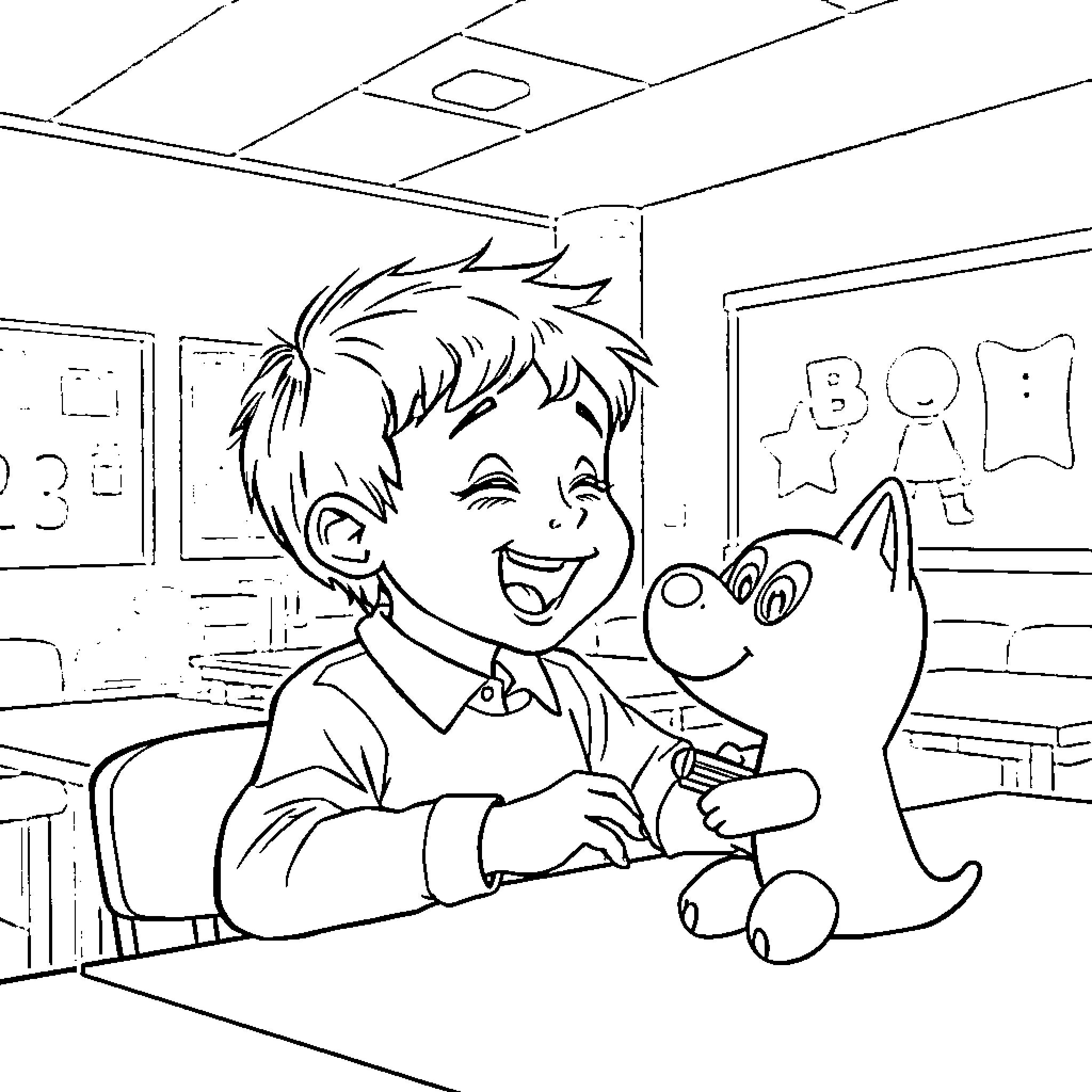 Bluey and his friend playing in the classroom Coloring Page (free black-and-white line drawing printable PDF for all, from beginners to advanced learners, including children, teens, adults, and seniors)