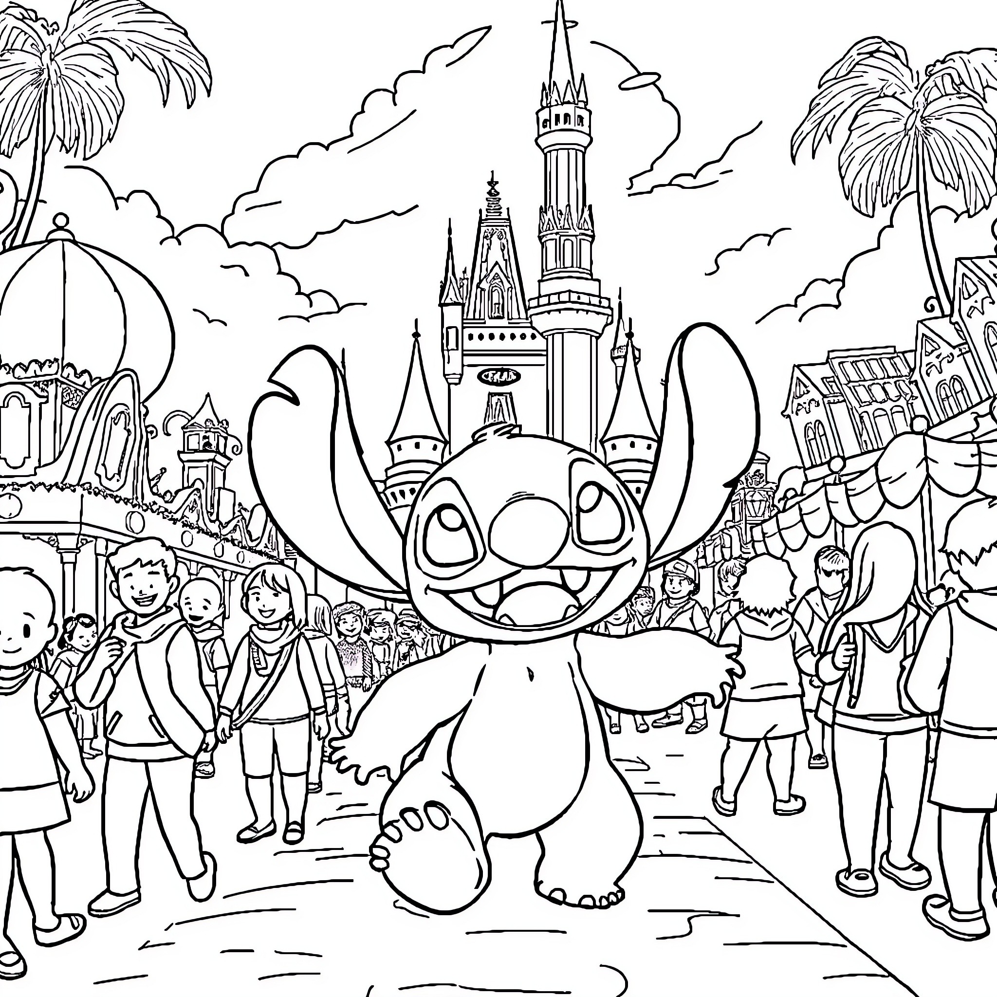 Stitch explores the Disney theme park Coloring Page (free black-and-white line drawing printable PDF for all, from beginners to advanced learners, including children, teens, adults, and seniors)