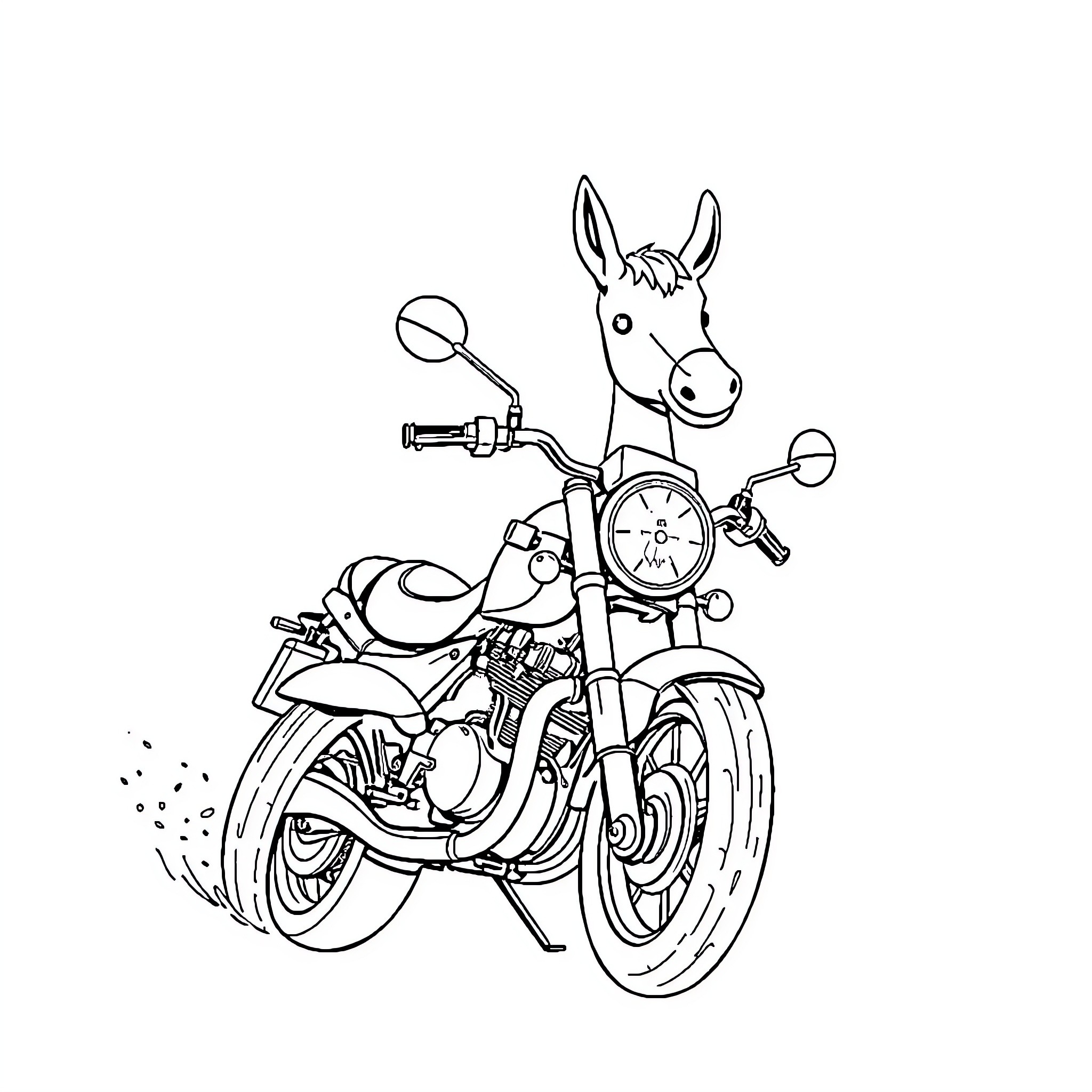 Ours Donkey riding motorcycle on the road Coloring Page (free black-and-white line drawing printable PDF for all, from beginners to advanced learners, including children, teens, adults, and seniors)