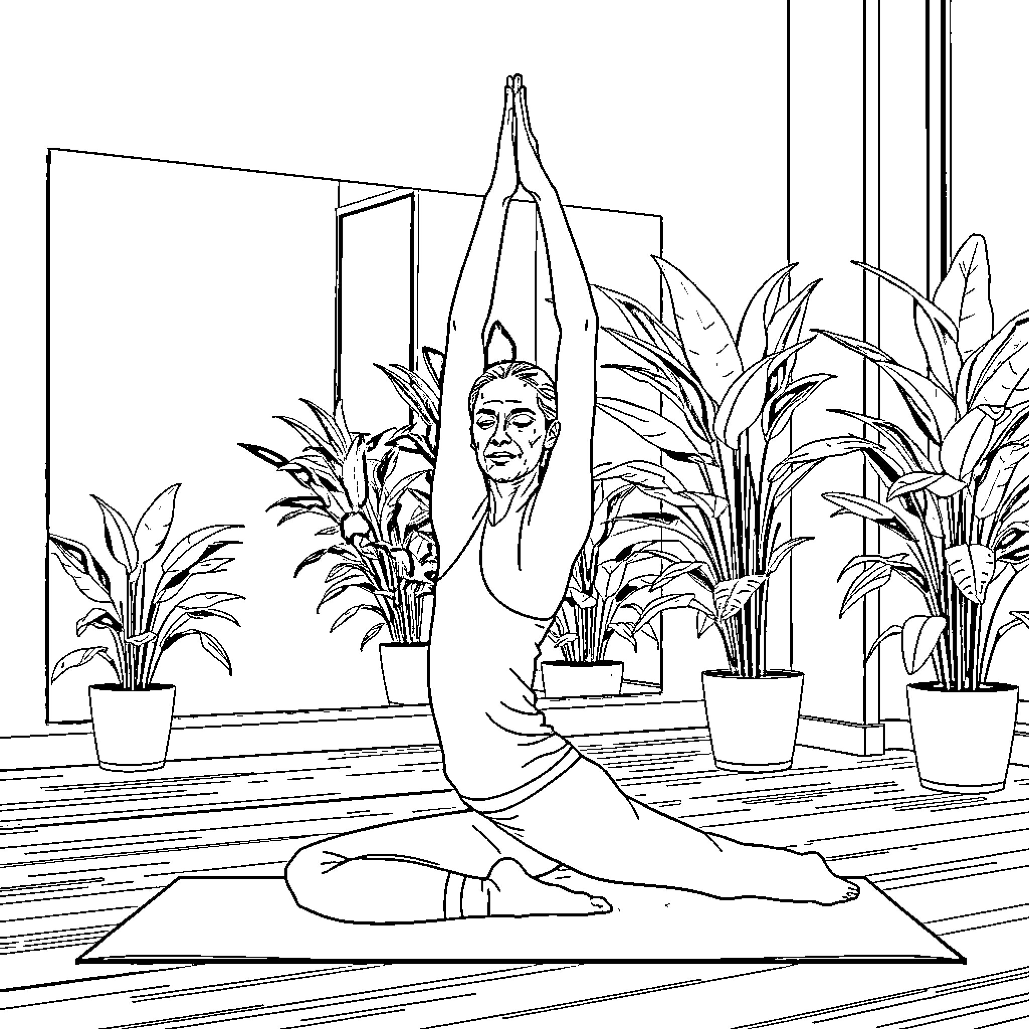 Yoga Practice in a Tranquil Indoor Setting Coloring Page (free black-and-white line drawing printable PDF for all, from beginners to advanced learners, including children, teens, adults, and seniors)