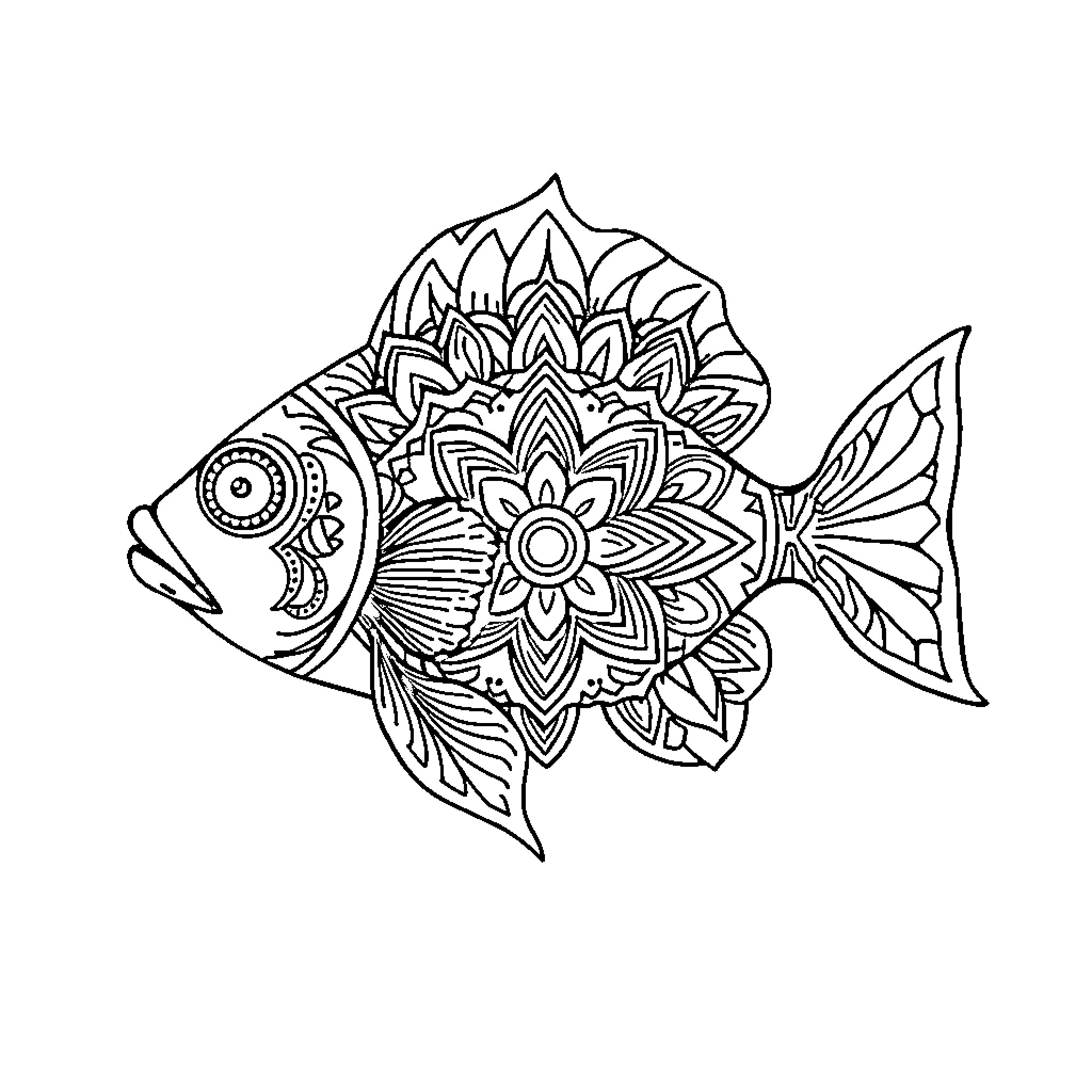 Fish with intricate floral patterns Coloring Page (free black-and-white line drawing printable PDF for all, from beginners to advanced learners, including children, teens, adults, and seniors)