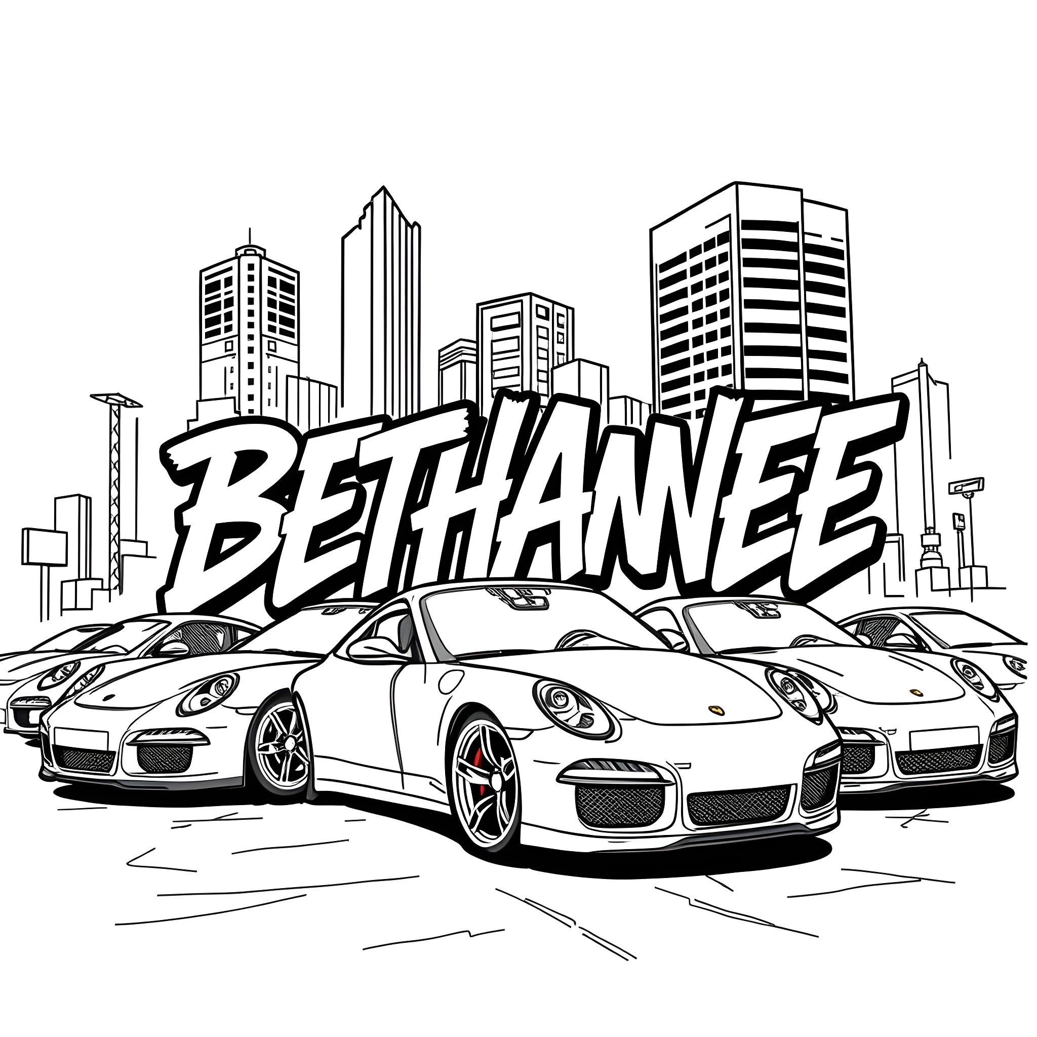 Porsche sports cars speeding through city skyline Coloring Page (free black-and-white line drawing printable PDF for all, from beginners to advanced learners, including children, teens, adults, and seniors)