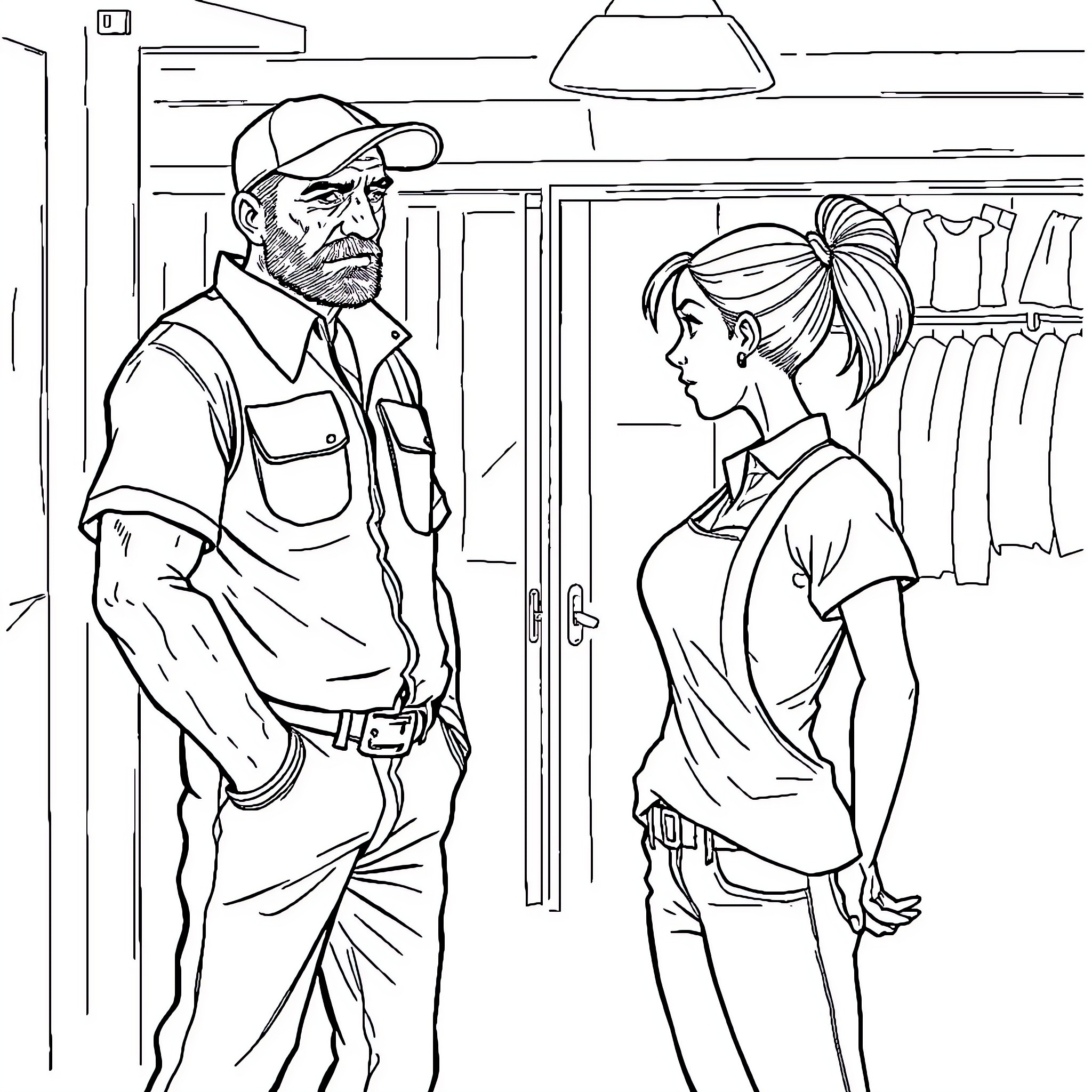 Boutique Worker Assisting Customer in the Store Coloring Page (free black-and-white line drawing printable PDF for all, from beginners to advanced learners, including children, teens, adults, and seniors)