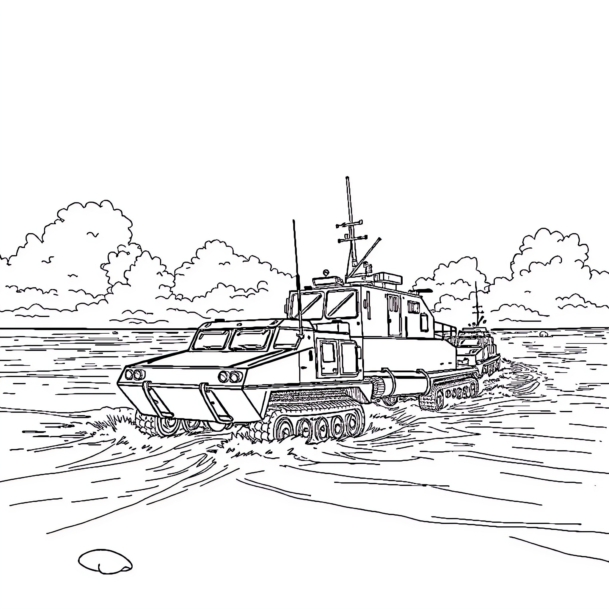 Military Boat Navigating Through Rough Waters Coloring Page (free black-and-white line drawing printable PDF for all, from beginners to advanced learners, including children, teens, adults, and seniors)