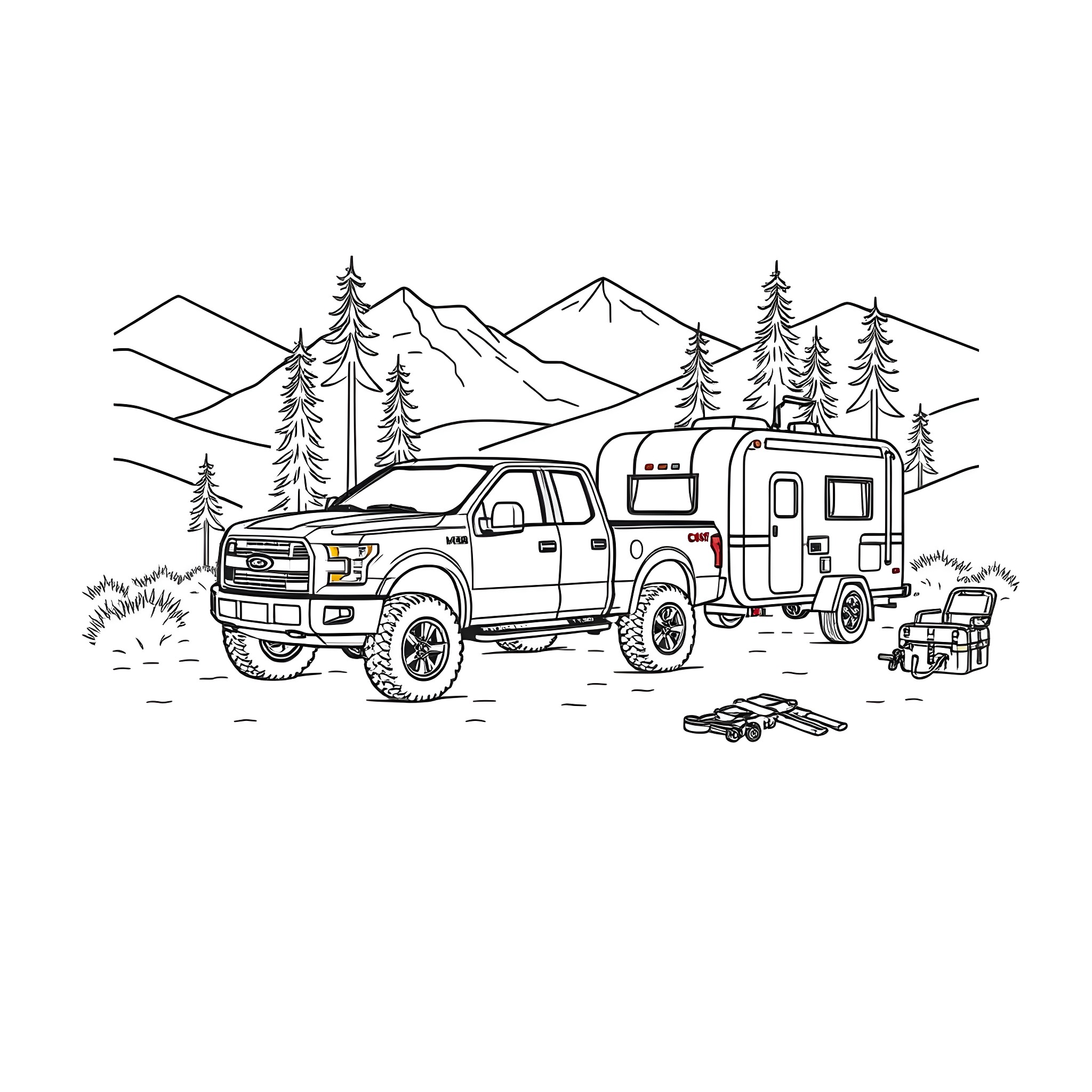 Pickup truck with camper traversing mountain landscape Coloring Page (free black-and-white line drawing printable PDF for all, from beginners to advanced learners, including children, teens, adults, and seniors)