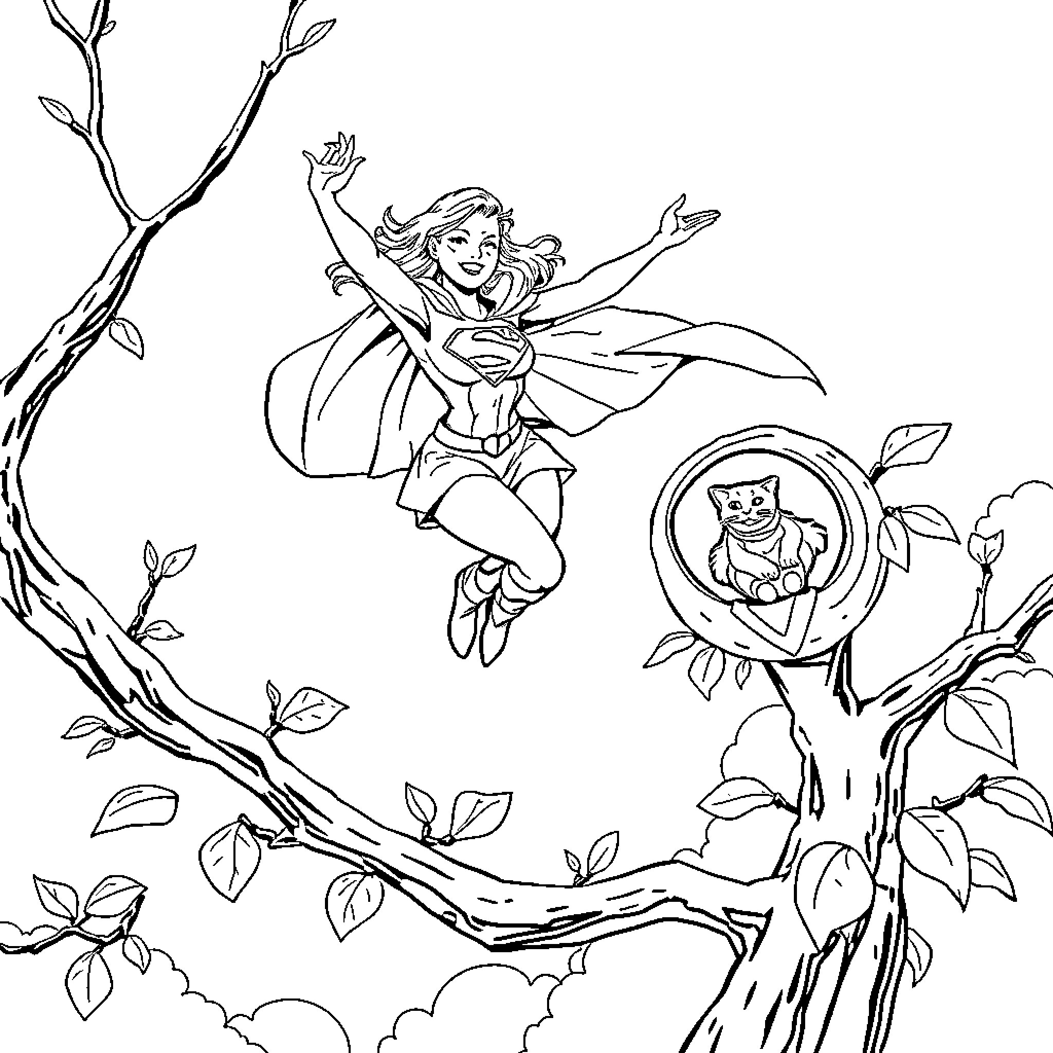 Supergirl soaring through nature with animal companion Coloring Page (free black-and-white line drawing printable PDF for all, from beginners to advanced learners, including children, teens, adults, and seniors)