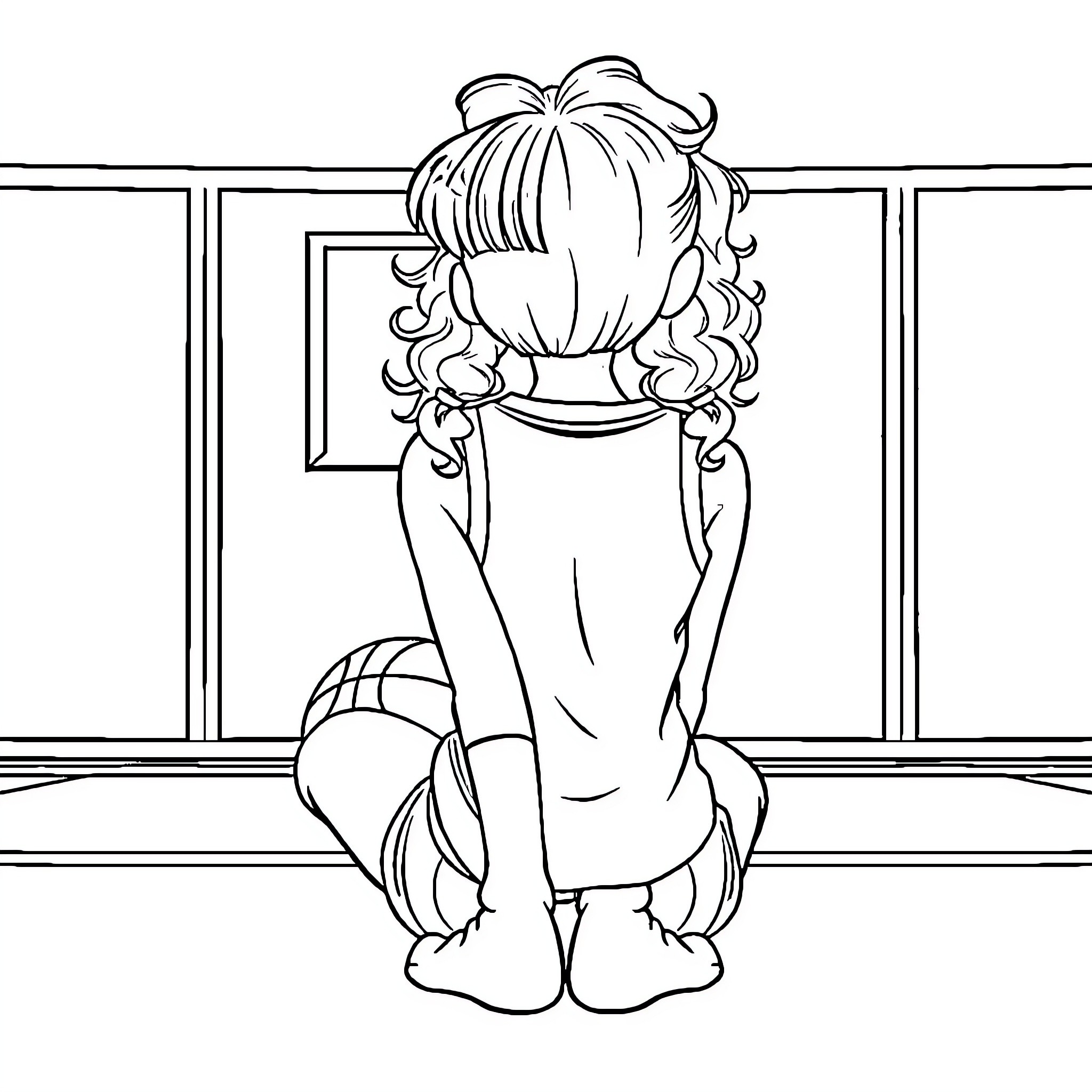 Girl sitting on window sill in thoughtful pose Coloring Page (free black-and-white line drawing printable PDF for all, from beginners to advanced learners, including children, teens, adults, and seniors)