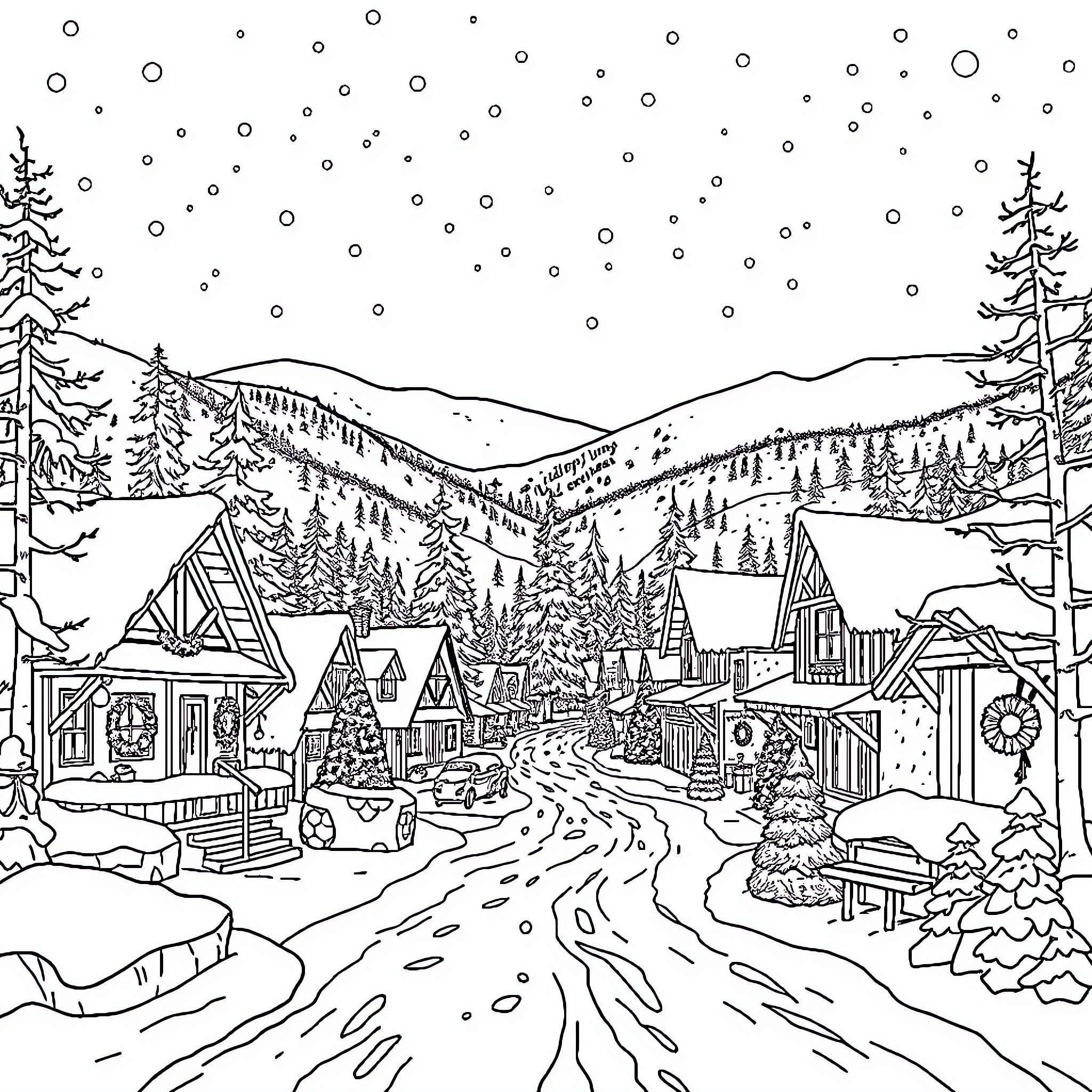 Idyllwild Village in Winter Wonderland Coloring Page (free black-and-white line drawing printable PDF for all, from beginners to advanced learners, including children, teens, adults, and seniors)
