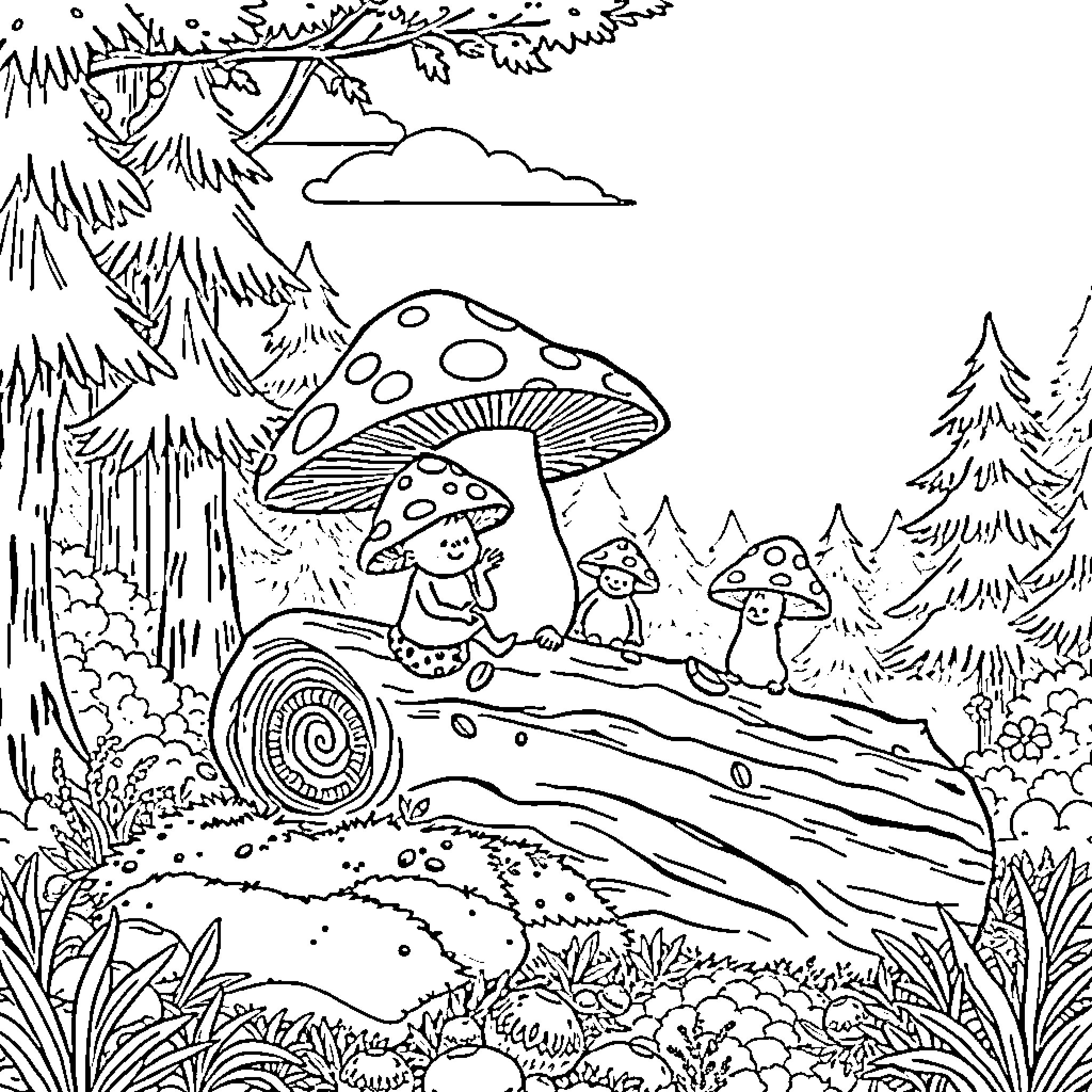 Mushroom forest with whimsical characters Coloring Page (free black-and-white line drawing printable PDF for all, from beginners to advanced learners, including children, teens, adults, and seniors)