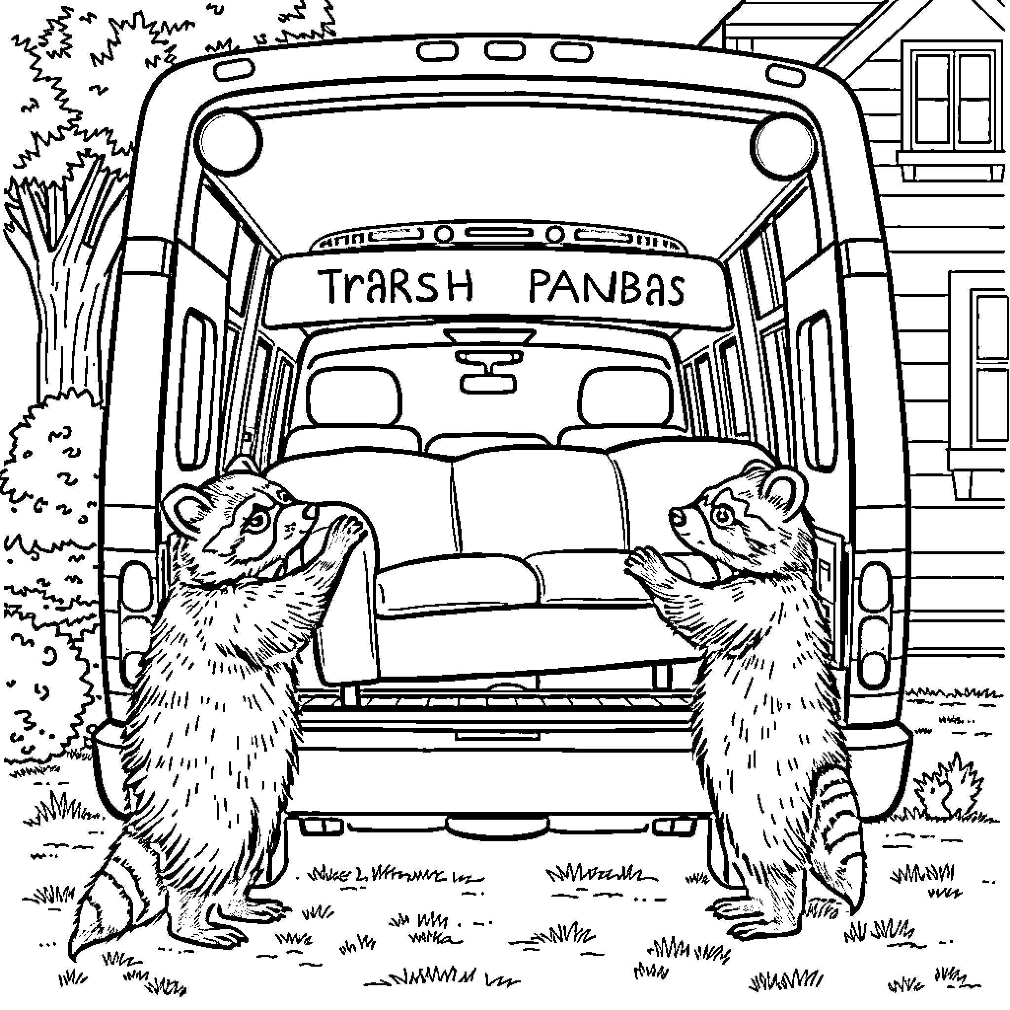 Raccoon Trash Pandas in a Van Coloring Page (free black-and-white line drawing printable PDF for all, from beginners to advanced learners, including children, teens, adults, and seniors)