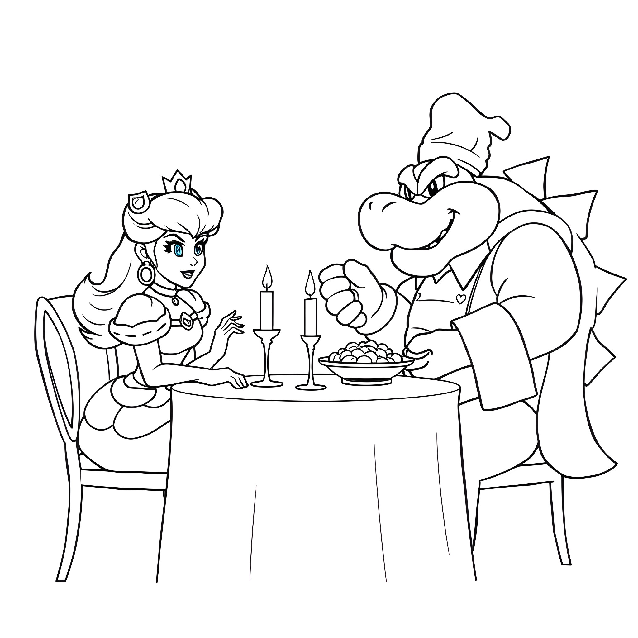 Princess dining with a friendly dragon Coloring Page (free black-and-white line drawing printable PDF for all, from beginners to advanced learners, including children, teens, adults, and seniors)