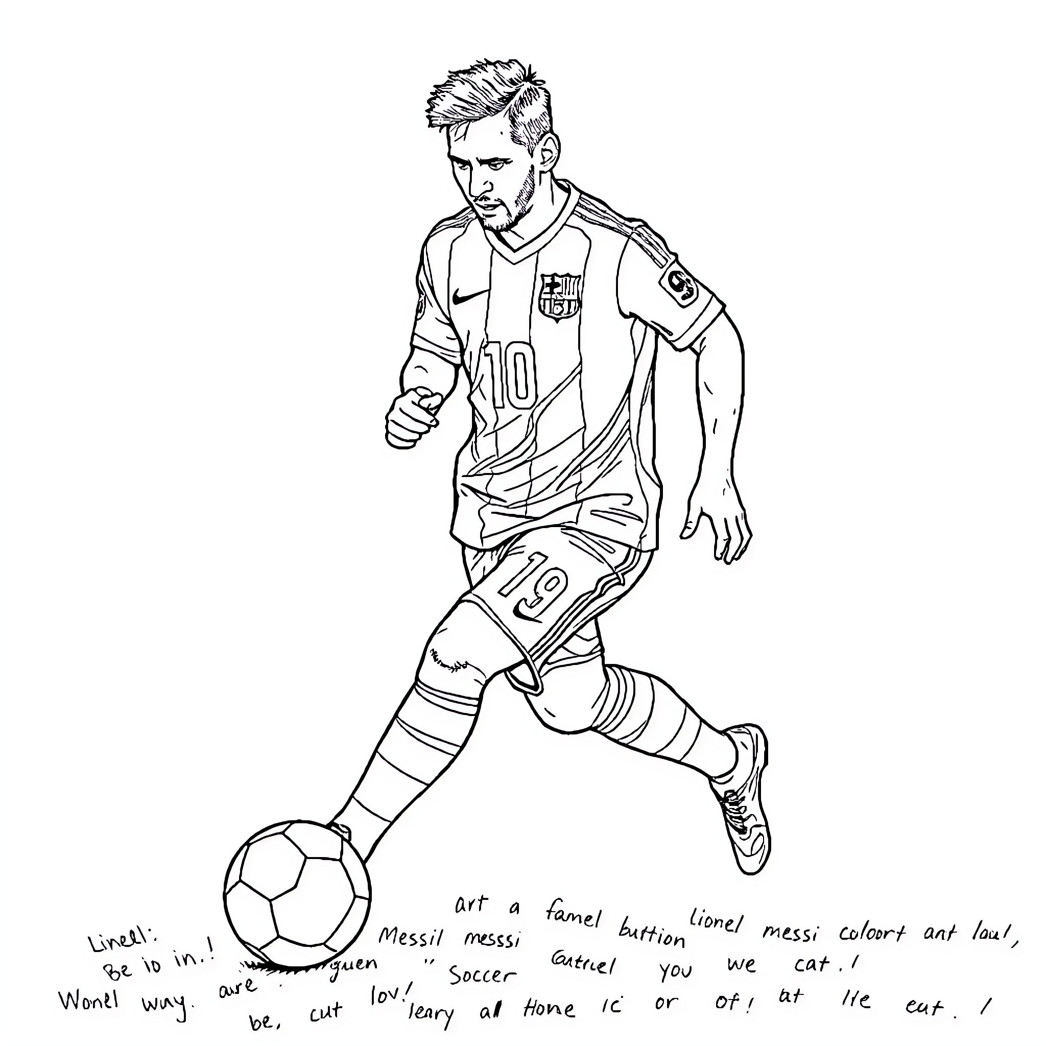 Messi dribbling with ball on soccer field Coloring Page (free black-and-white line drawing printable PDF for all, from beginners to advanced learners, including children, teens, adults, and seniors)