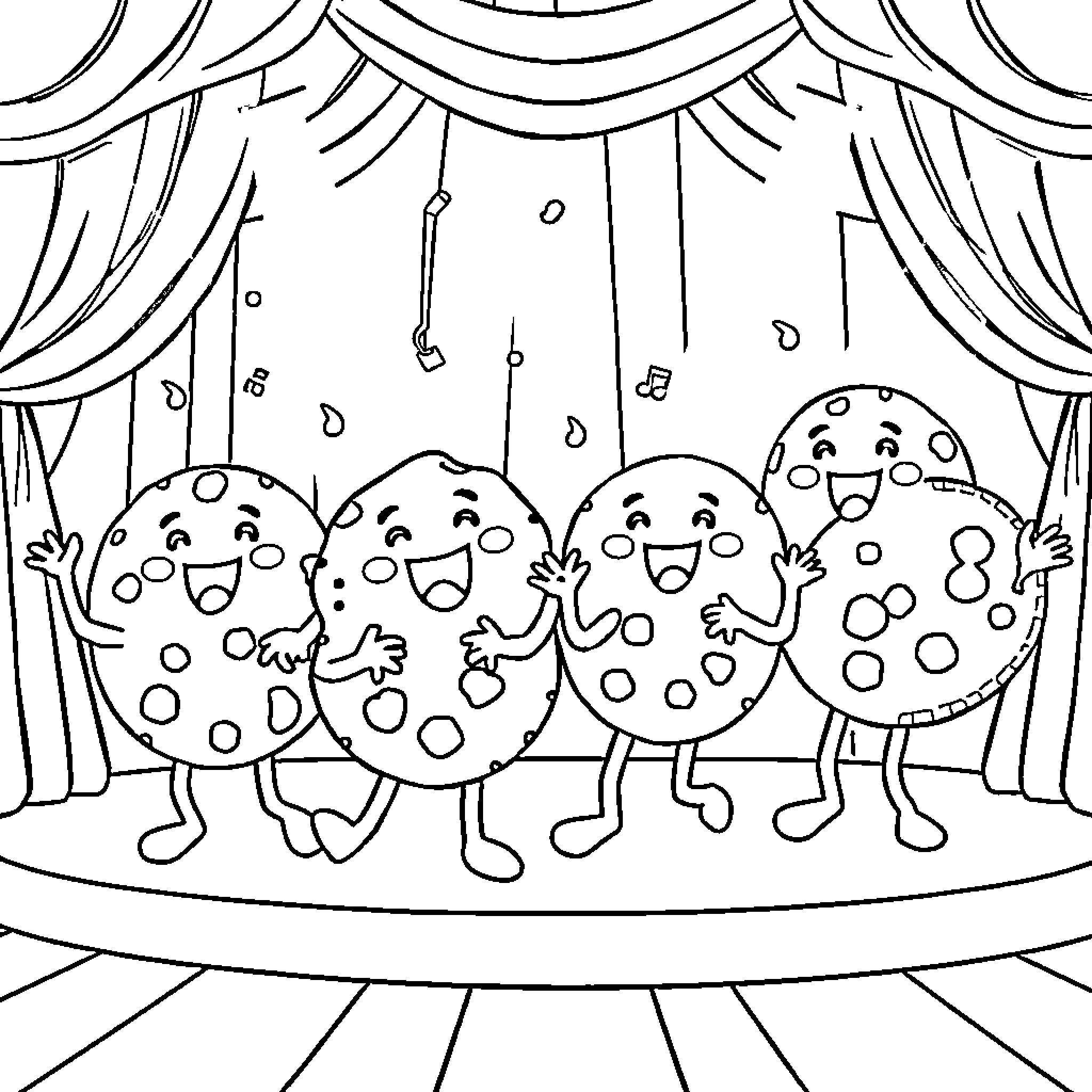 Cookie Performers Entertaining on Stage Coloring Page (free black-and-white line drawing printable PDF for all, from beginners to advanced learners, including children, teens, adults, and seniors)
