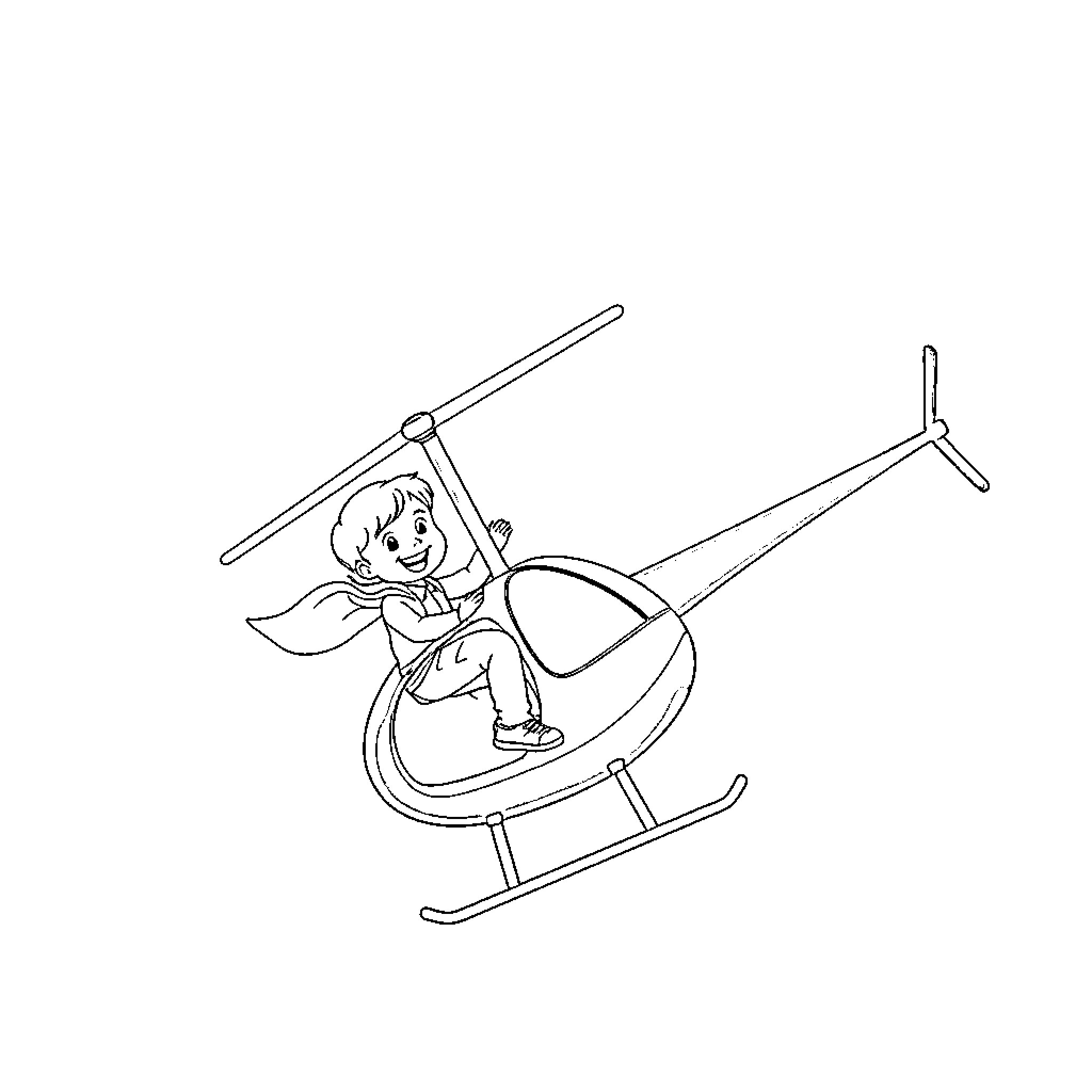 Helicopter with child pilot flying joyfully Coloring Page (free black-and-white line drawing printable PDF for all, from beginners to advanced learners, including children, teens, adults, and seniors)