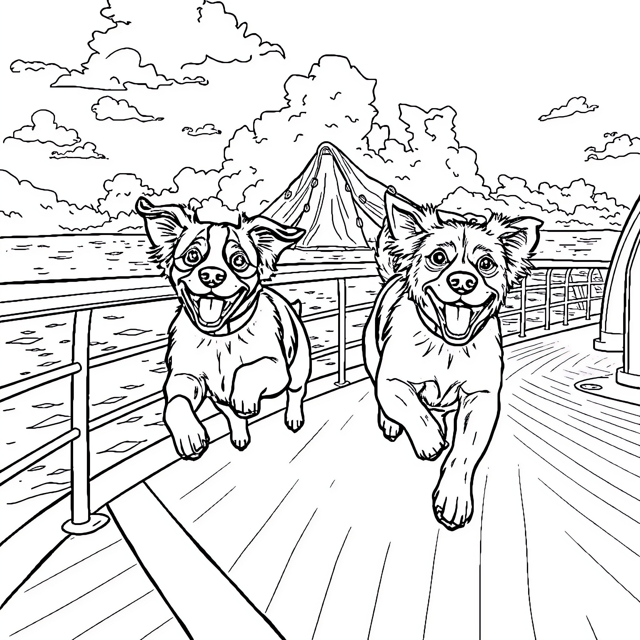 Dogs playing on a scenic dock near a tent Coloring Page (free black-and-white line drawing printable PDF for all, from beginners to advanced learners, including children, teens, adults, and seniors)