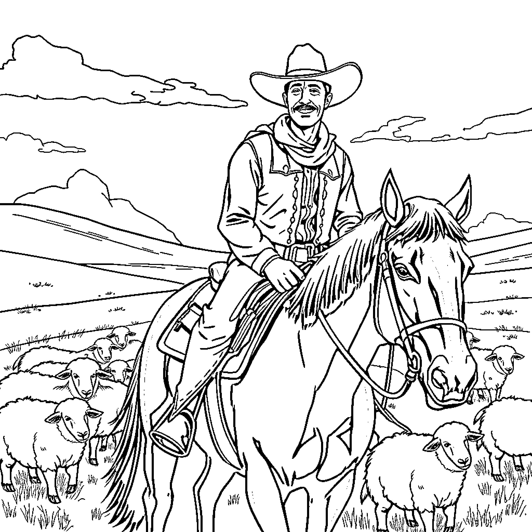 Cowboy riding horse in rural landscape with sheep Coloring Page (free black-and-white line drawing printable PDF for all, from beginners to advanced learners, including children, teens, adults, and seniors)