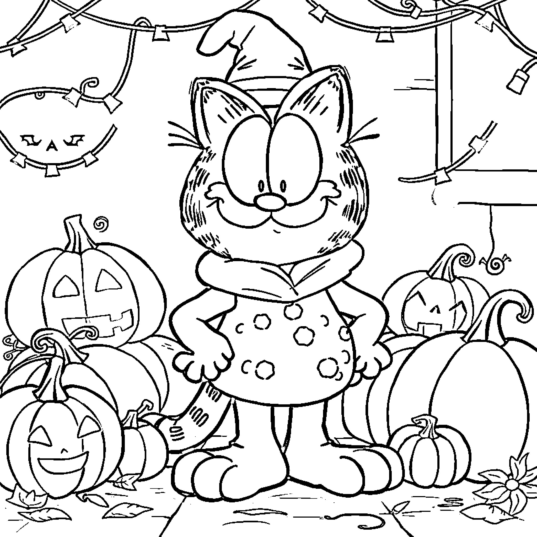 Garfield's Spooky Halloween Celebration Coloring Page (free black-and-white line drawing printable PDF for all, from beginners to advanced learners, including children, teens, adults, and seniors)