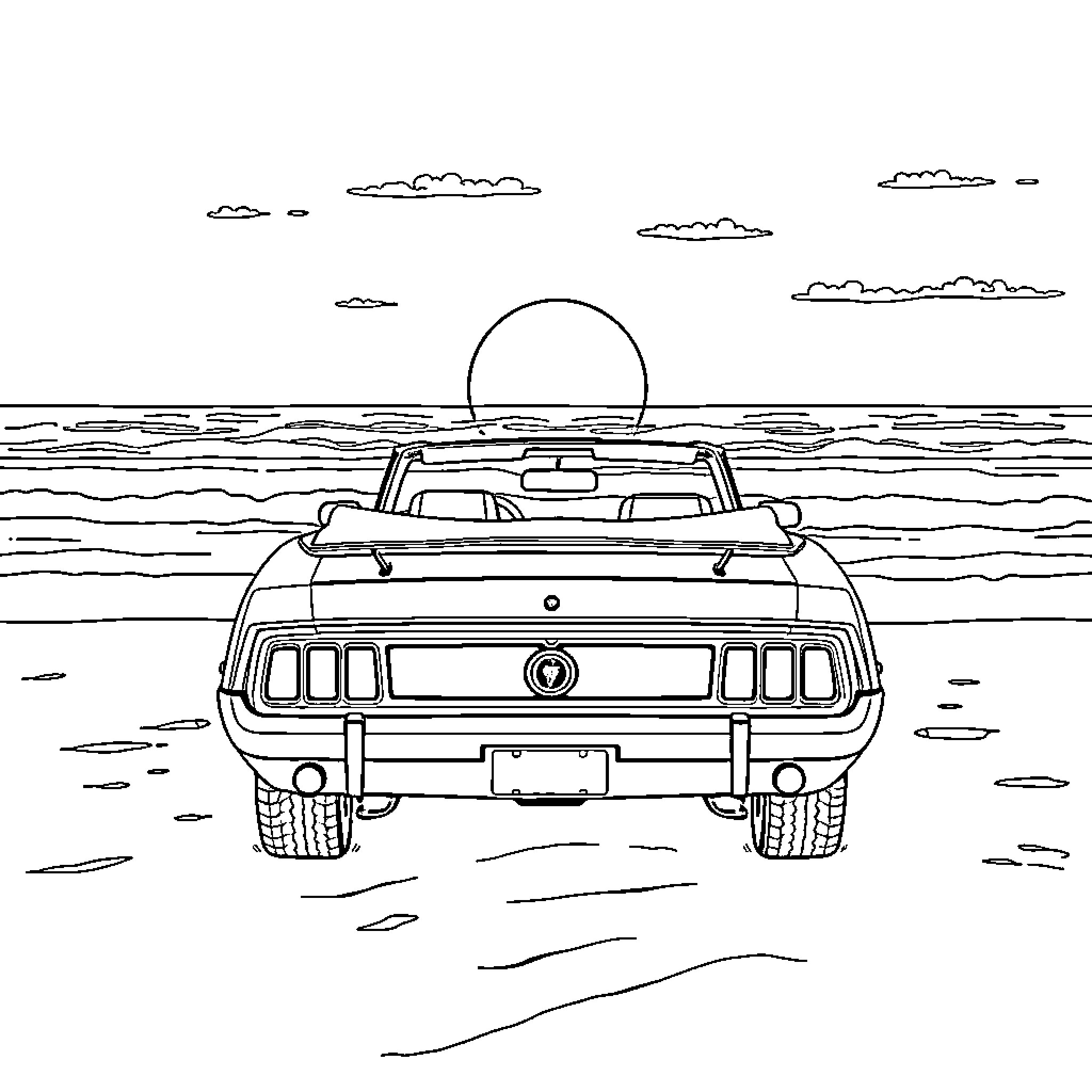Mustang cruising through the serene ocean landscape Coloring Page (free black-and-white line drawing printable PDF for all, from beginners to advanced learners, including children, teens, adults, and seniors)
