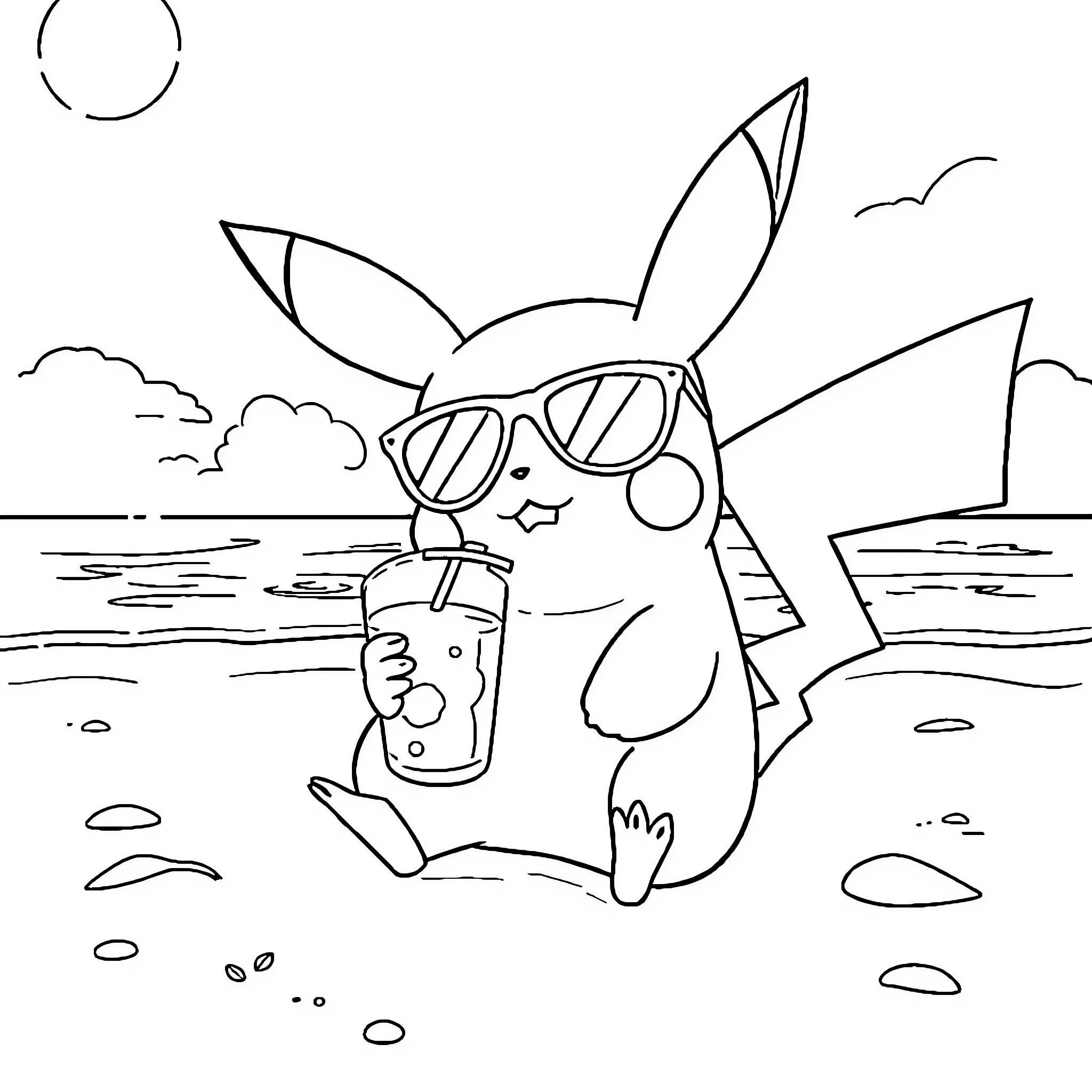Pikachu enjoying a beach vacation with sunglasses and a drink Coloring Page (free black-and-white line drawing printable PDF for all, from beginners to advanced learners, including children, teens, adults, and seniors)