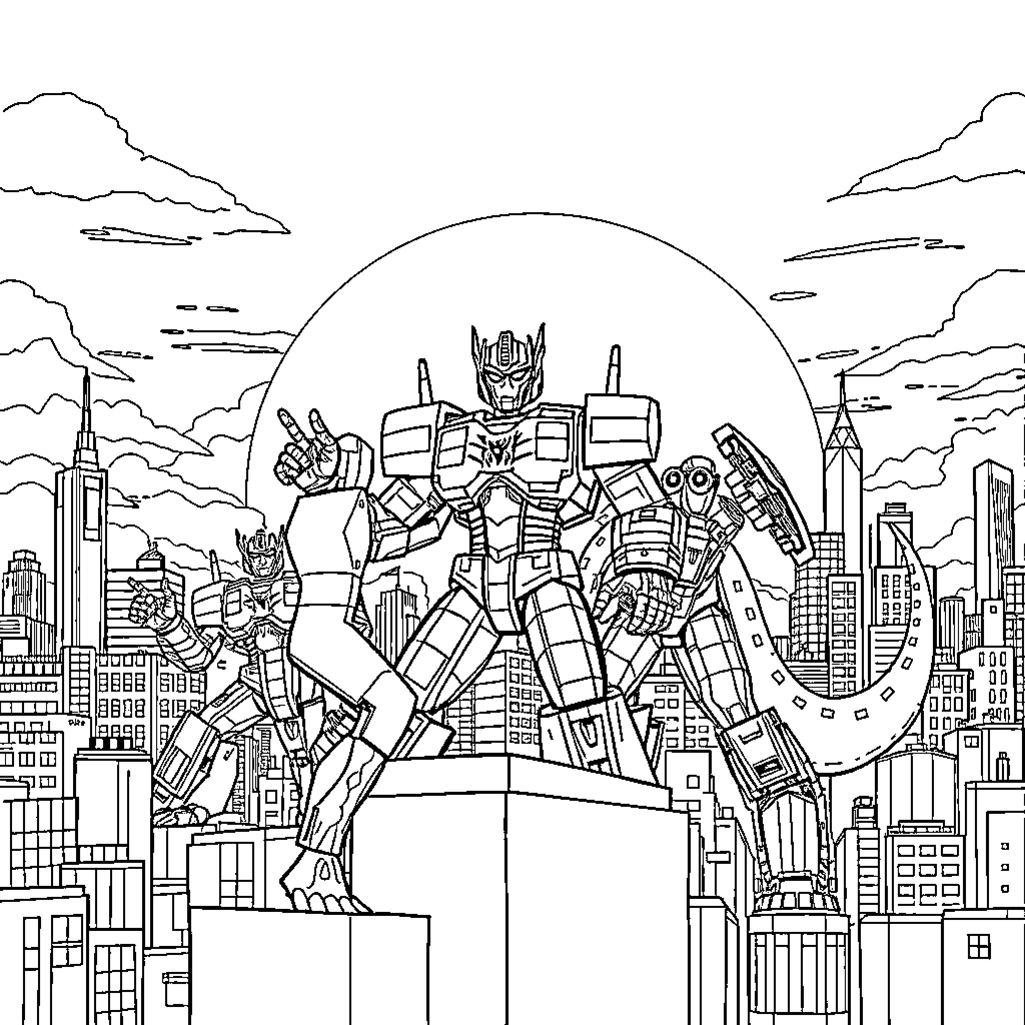 Spiderman-inspired Robot Dominates the City Skyline Coloring Page (free black-and-white line drawing printable PDF for all, from beginners to advanced learners, including children, teens, adults, and seniors)
