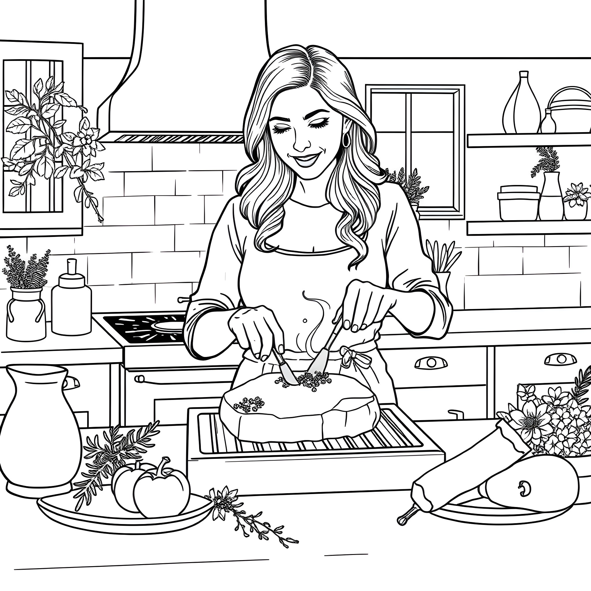 Sydney Sweeney preparing a delicious meal in the kitchen Coloring Page (free black-and-white line drawing printable PDF for all, from beginners to advanced learners, including children, teens, adults, and seniors)