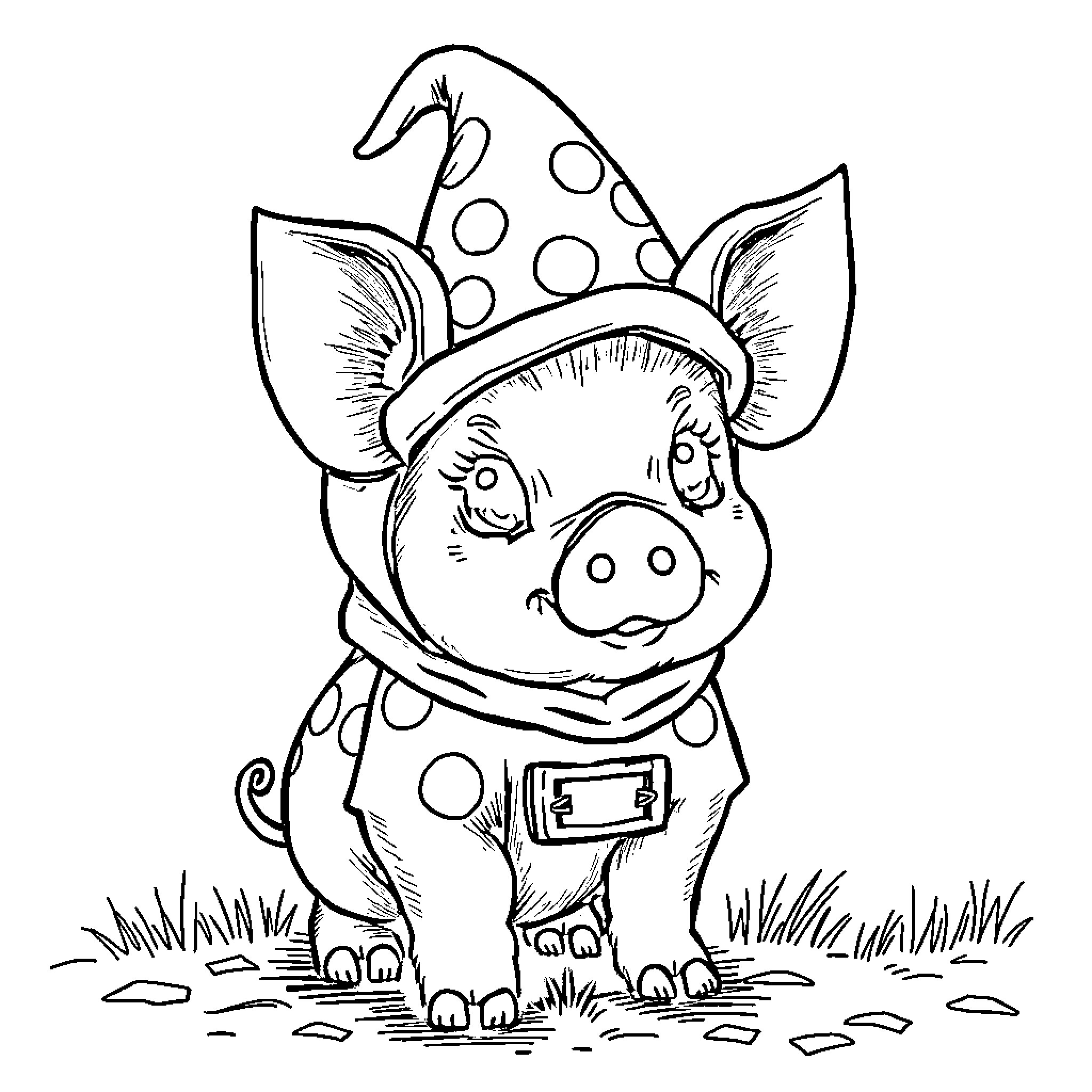 Piglet dressed in polka dot outfit playing outdoors Coloring Page (free black-and-white line drawing printable PDF for all, from beginners to advanced learners, including children, teens, adults, and seniors)