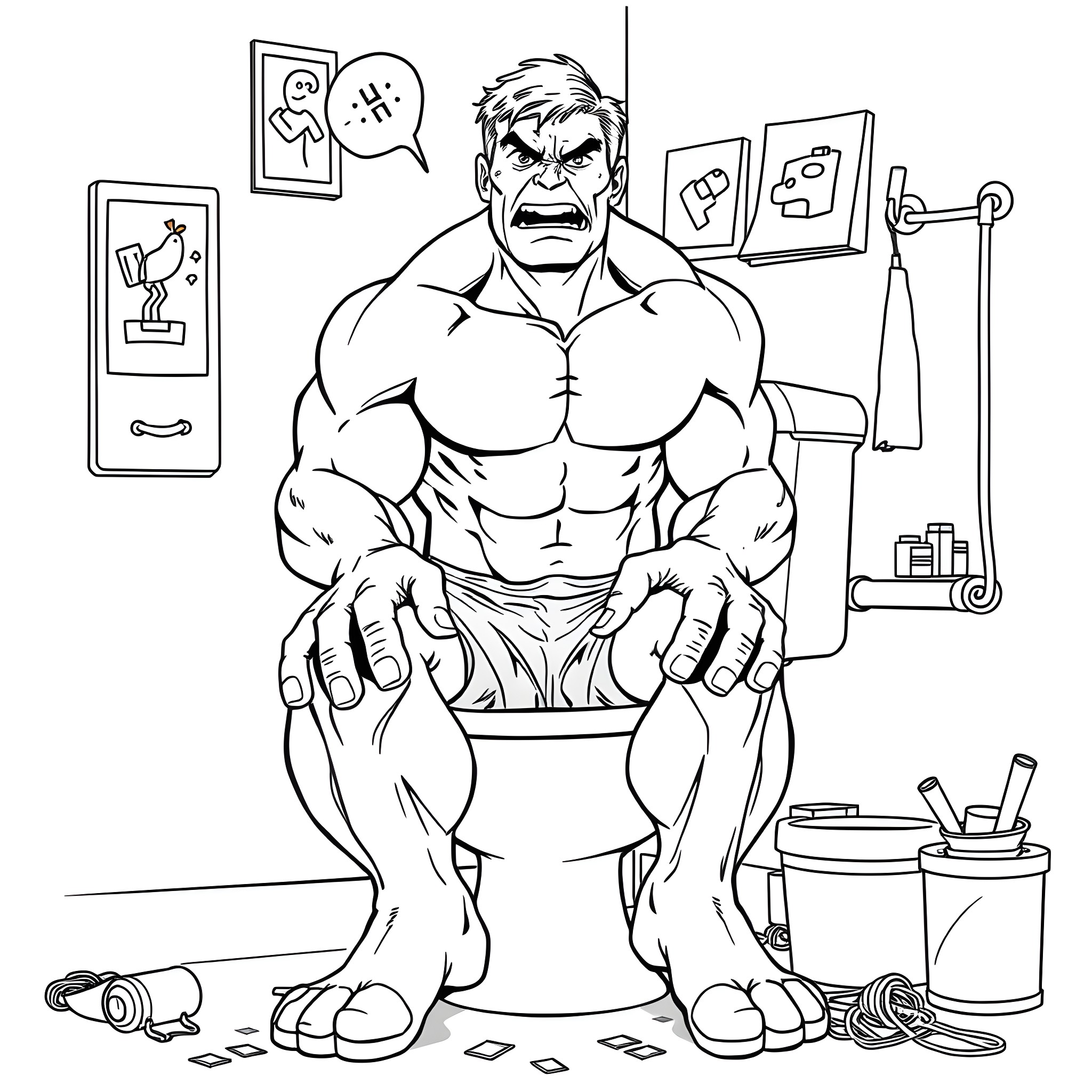 Hulk Smashing through a Cluttered Bathroom Coloring Page (free black-and-white line drawing printable PDF for all, from beginners to advanced learners, including children, teens, adults, and seniors)