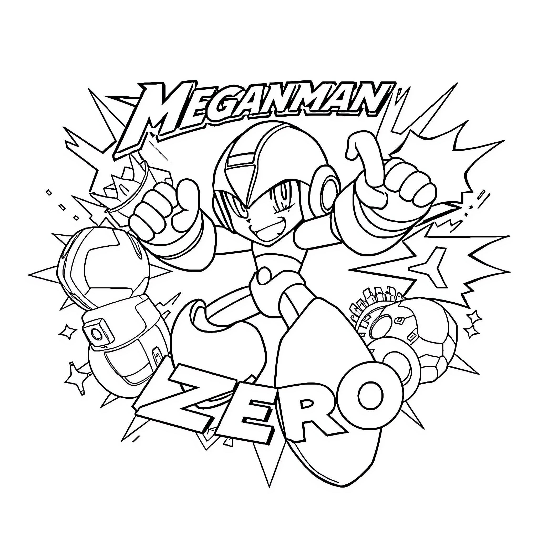 Mega Man Zero battling with explosive action Coloring Page (free black-and-white line drawing printable PDF for all, from beginners to advanced learners, including children, teens, adults, and seniors)