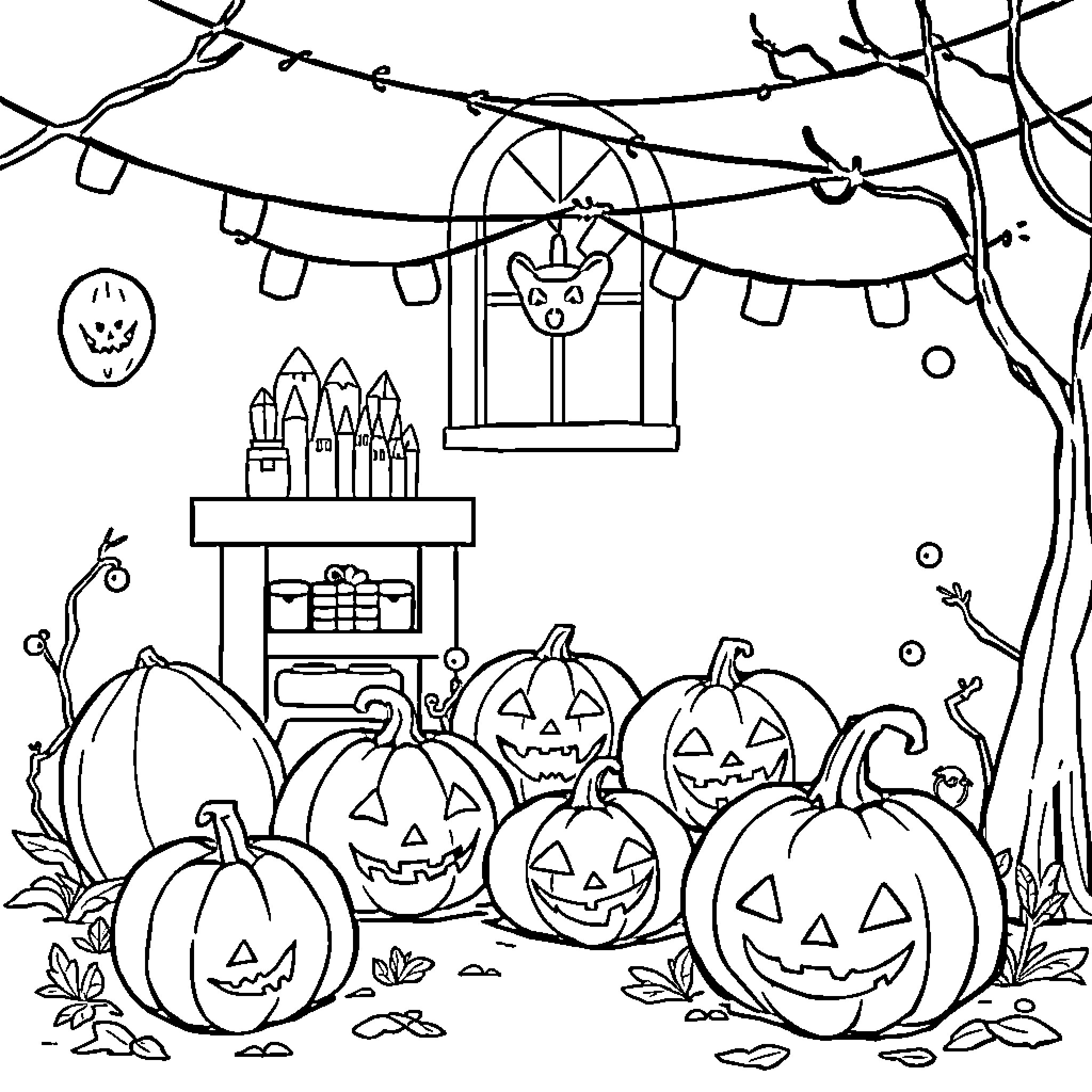 Halloween scene with jack-o'-lanterns and decorations Coloring Page (free black-and-white line drawing printable PDF for all, from beginners to advanced learners, including children, teens, adults, and seniors)