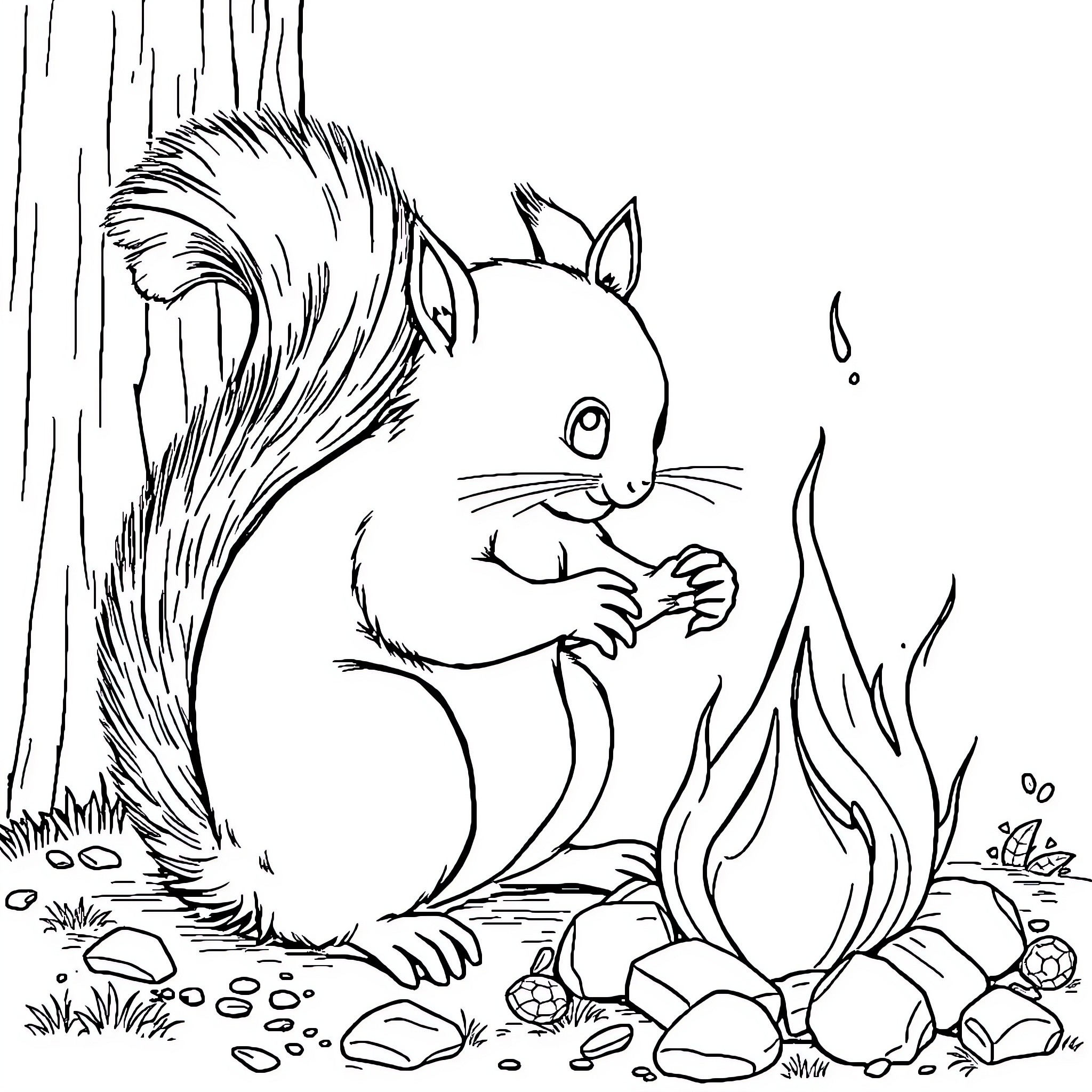 Squirrel enjoying a meal near a campfire Coloring Page (free black-and-white line drawing printable PDF for all, from beginners to advanced learners, including children, teens, adults, and seniors)