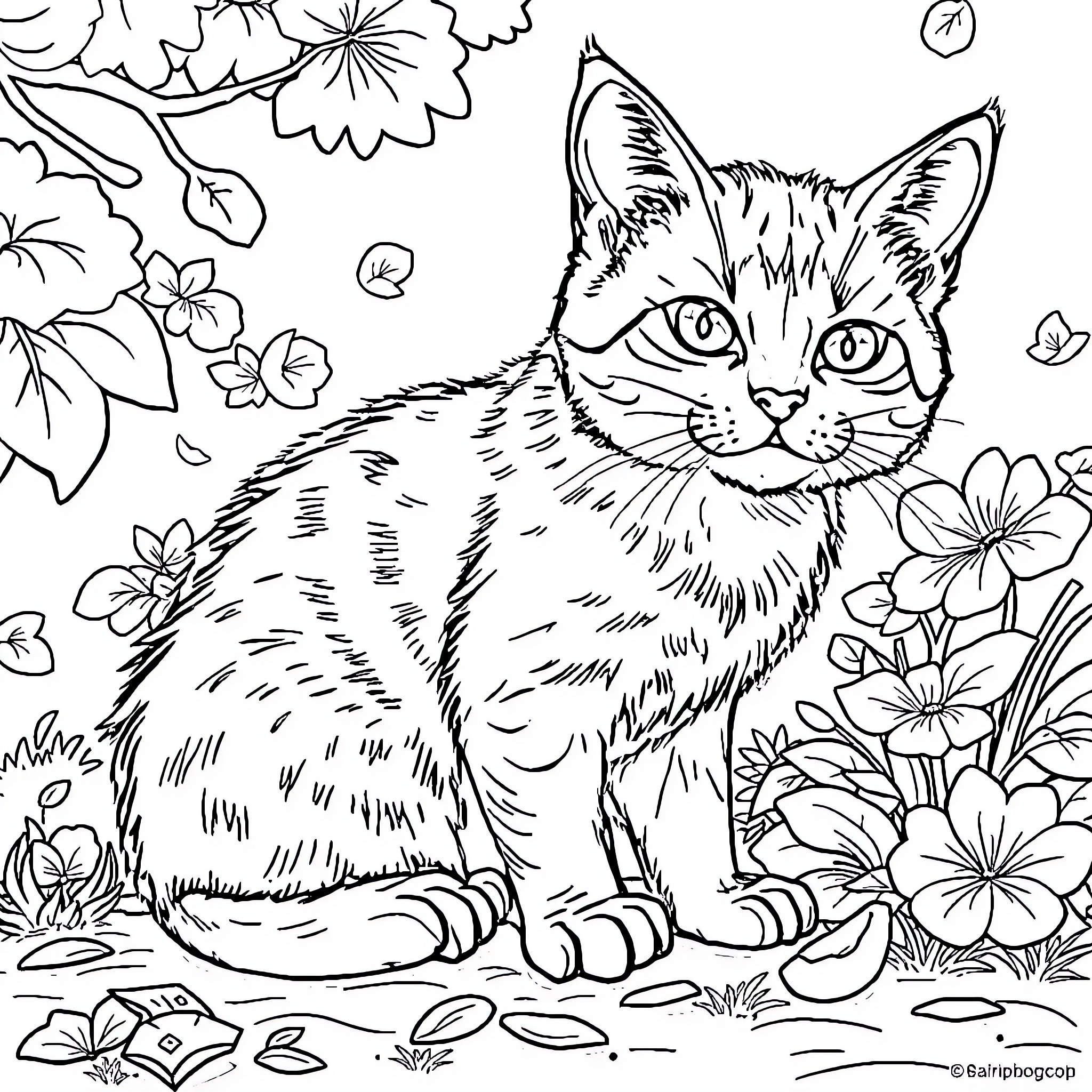 Cat among spring flowers Coloring Page (free black-and-white line drawing printable PDF for all, from beginners to advanced learners, including children, teens, adults, and seniors)