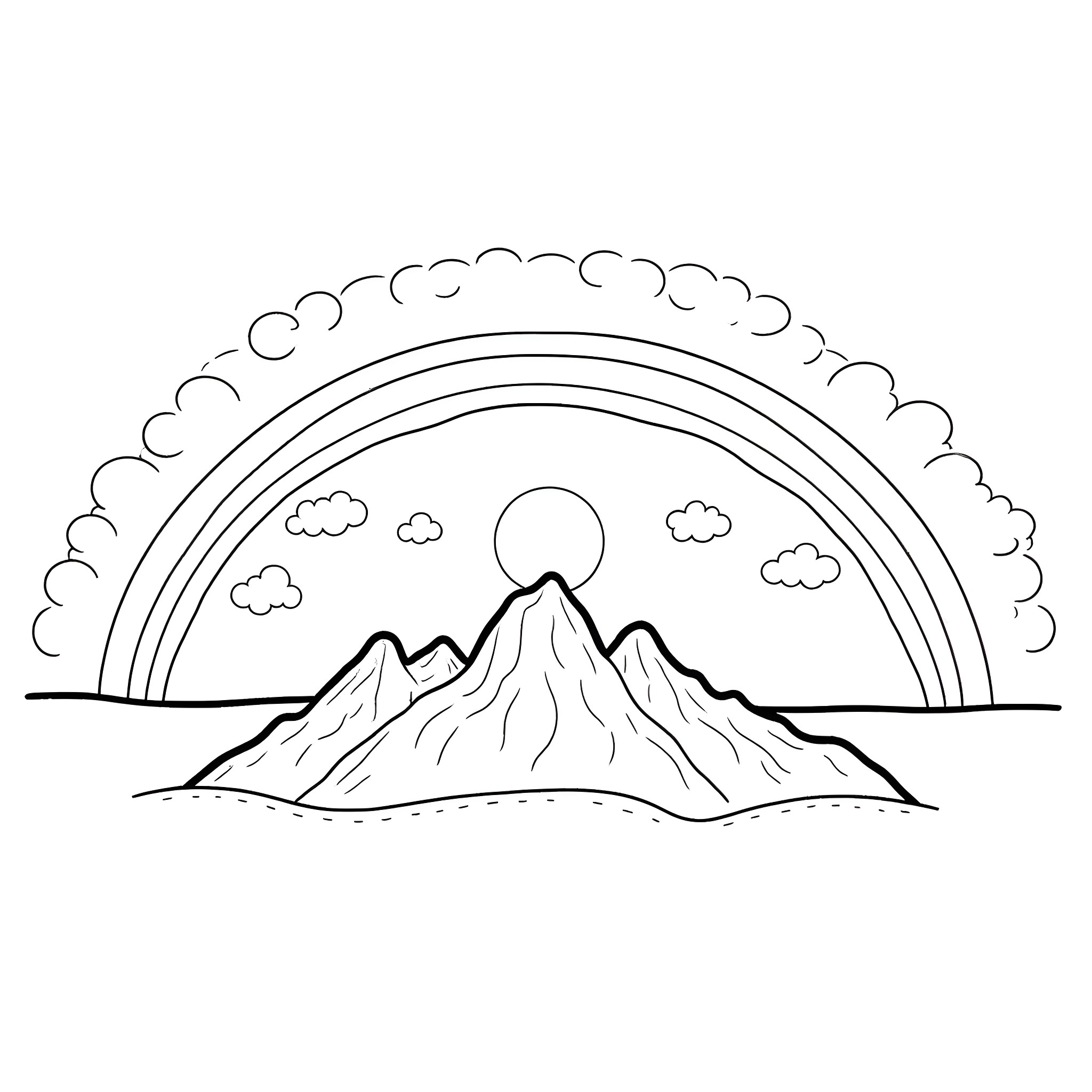 Mountain scene with rainbow and clouds Coloring Page (free black-and-white line drawing printable PDF for all, from beginners to advanced learners, including children, teens, adults, and seniors)