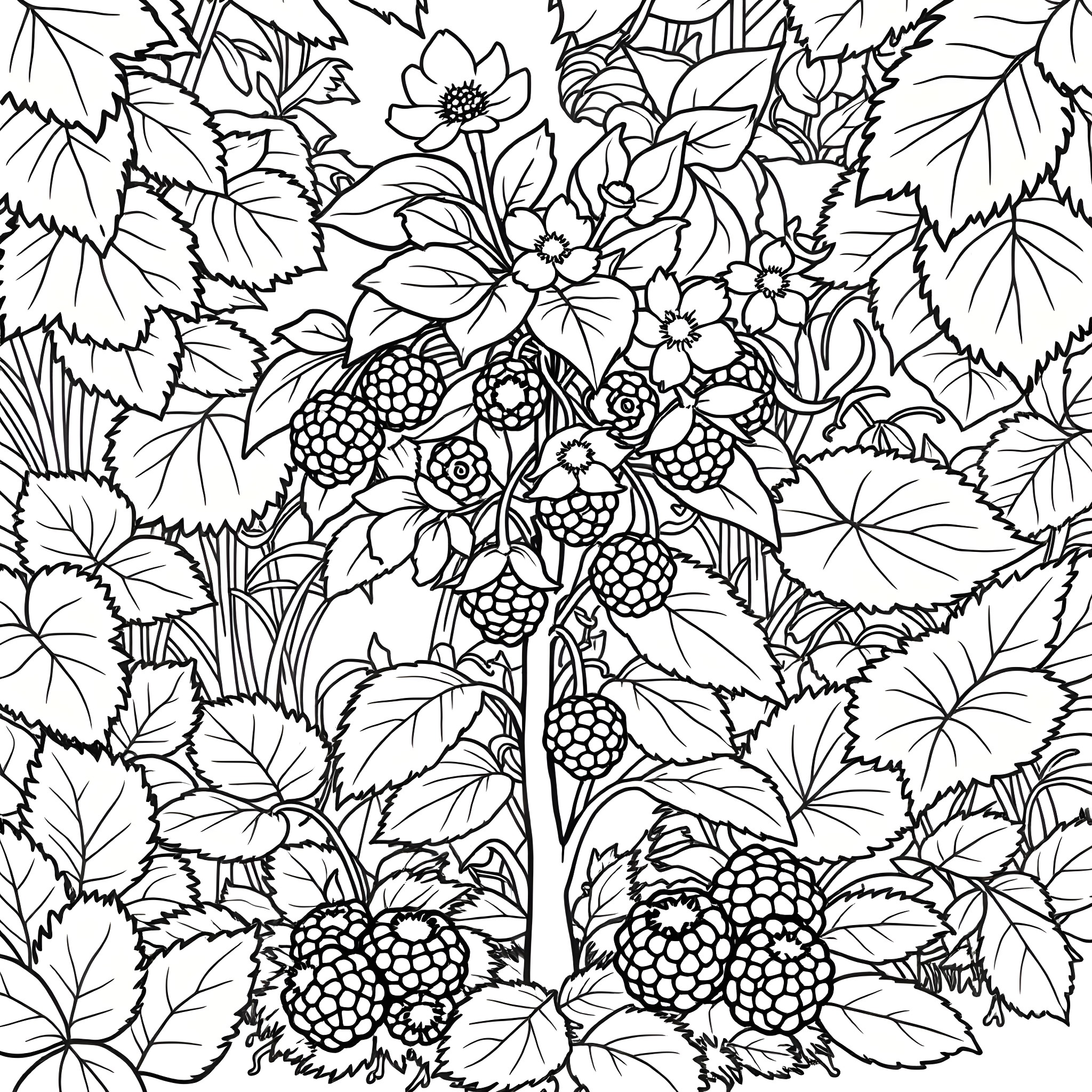 Boysenberry Brambles with Blooming Flowers Coloring Page (free black-and-white line drawing printable PDF for all, from beginners to advanced learners, including children, teens, adults, and seniors)
