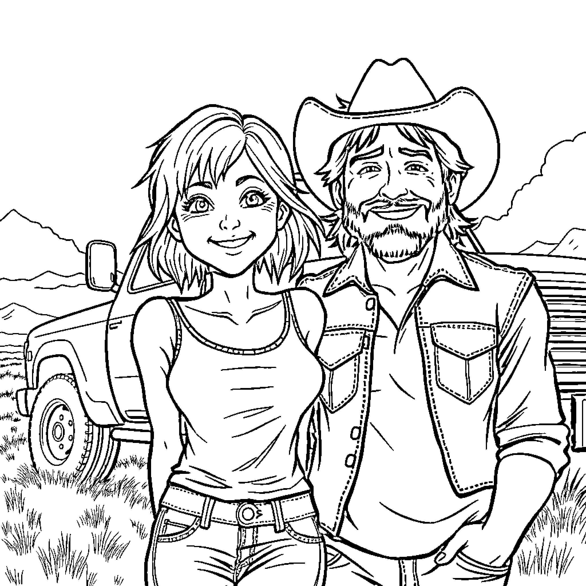 Woman and man in cowboy outfits posing outdoors Coloring Page (free black-and-white line drawing printable PDF for all, from beginners to advanced learners, including children, teens, adults, and seniors)