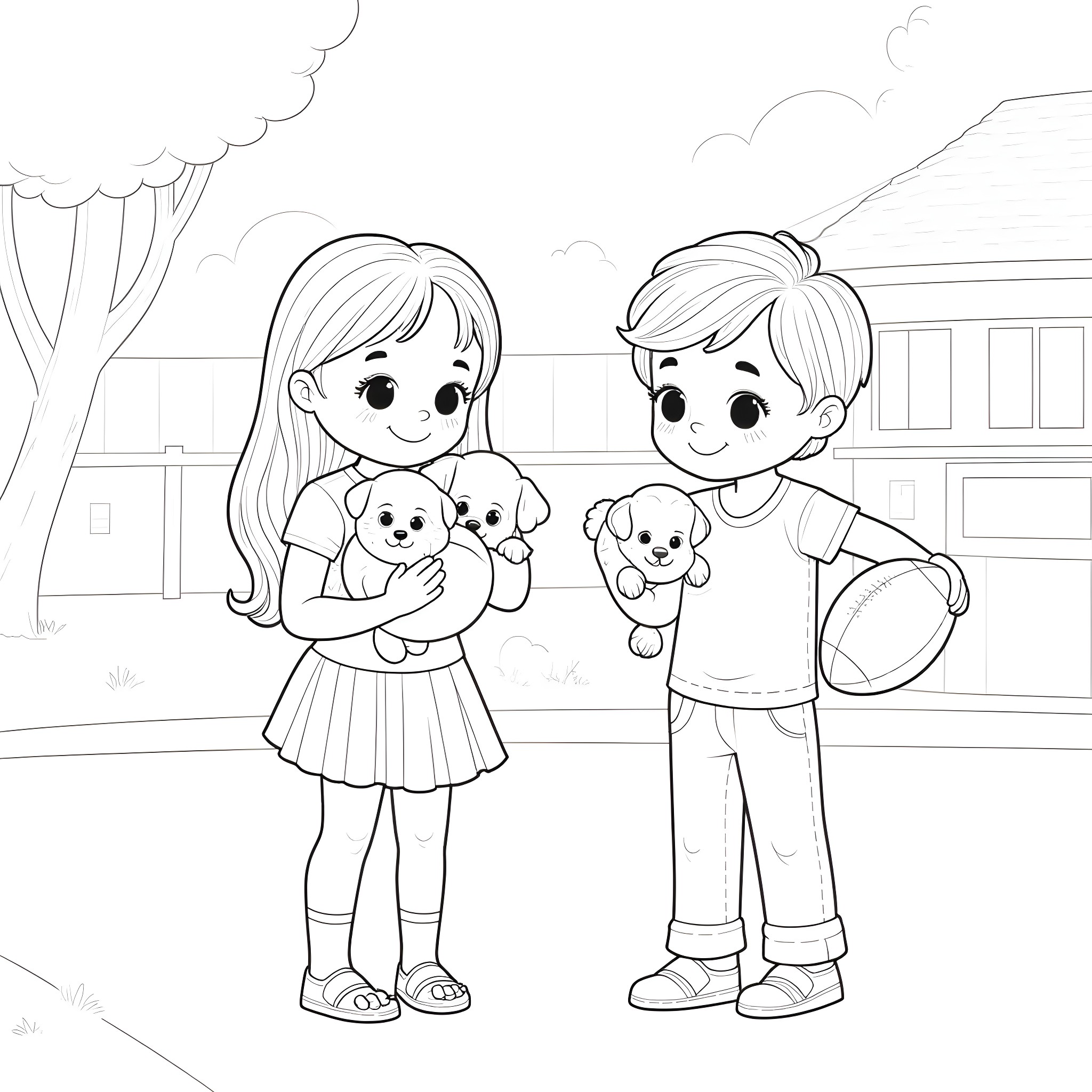 Girl and boy playing with plush toys in schoolyard Coloring Page (free black-and-white line drawing printable PDF for all, from beginners to advanced learners, including children, teens, adults, and seniors)